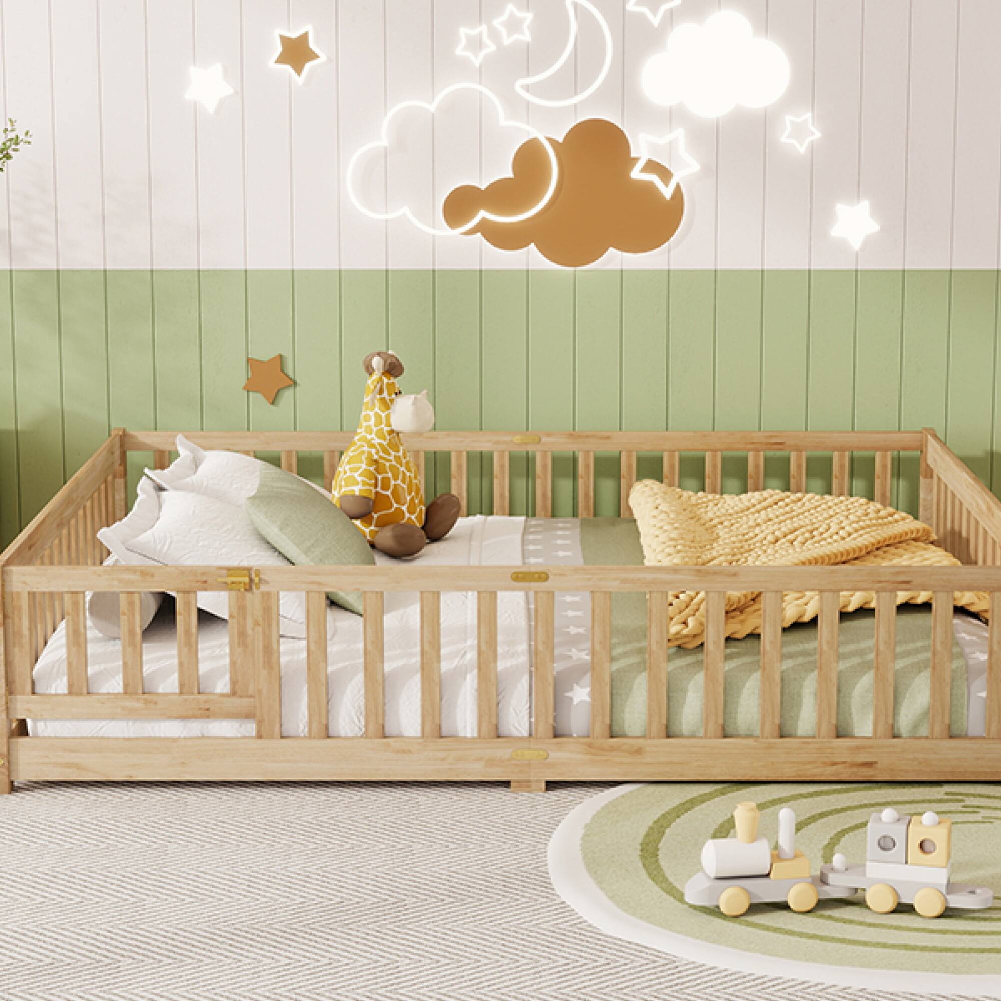 Alt View 2. GOODSILO - Queen Size Low-Profile Platform Bed with Safety Guardrails and Entry Door for Secure Sleeping Space - Natural.