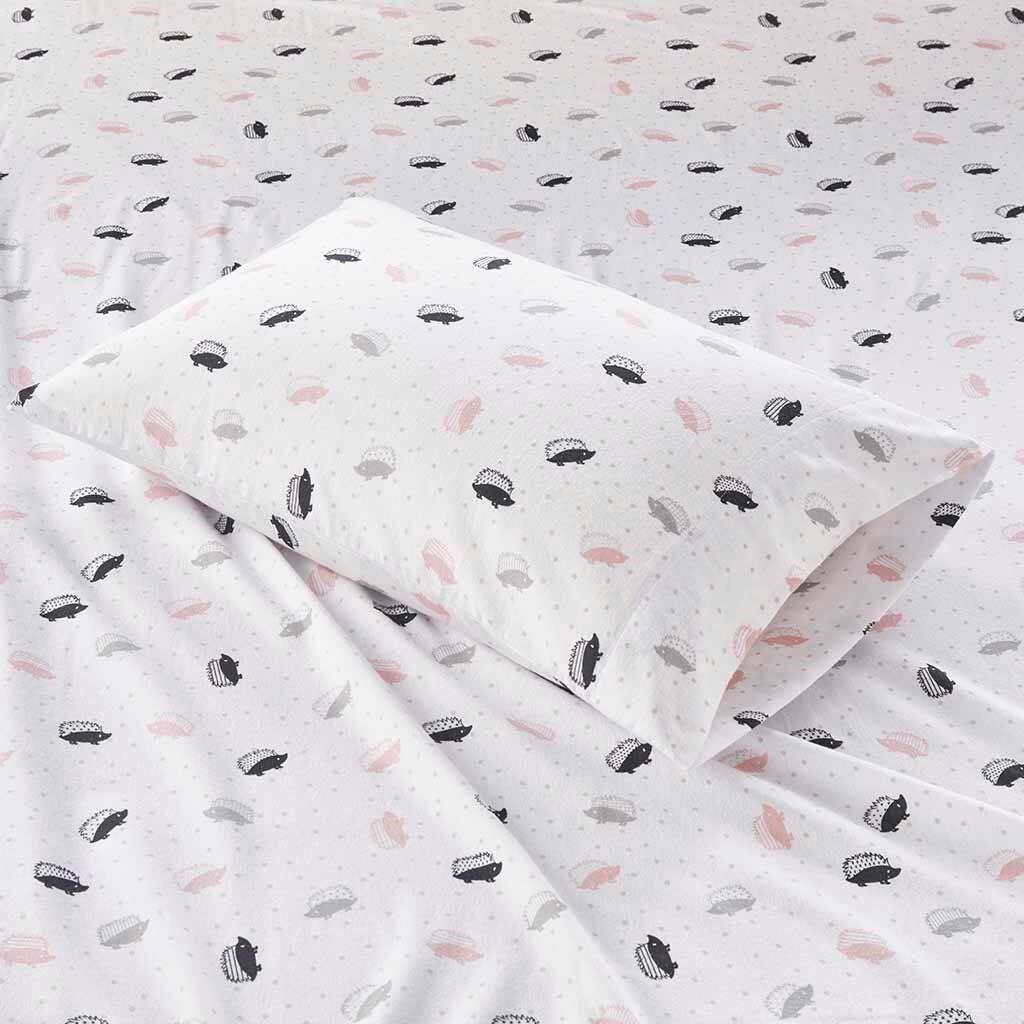Alt View 1. Gracie Mills - Gracie Mills Atticus Cotton Flannel Printed Sheet Set - Pink/Grey Hedgehogs.