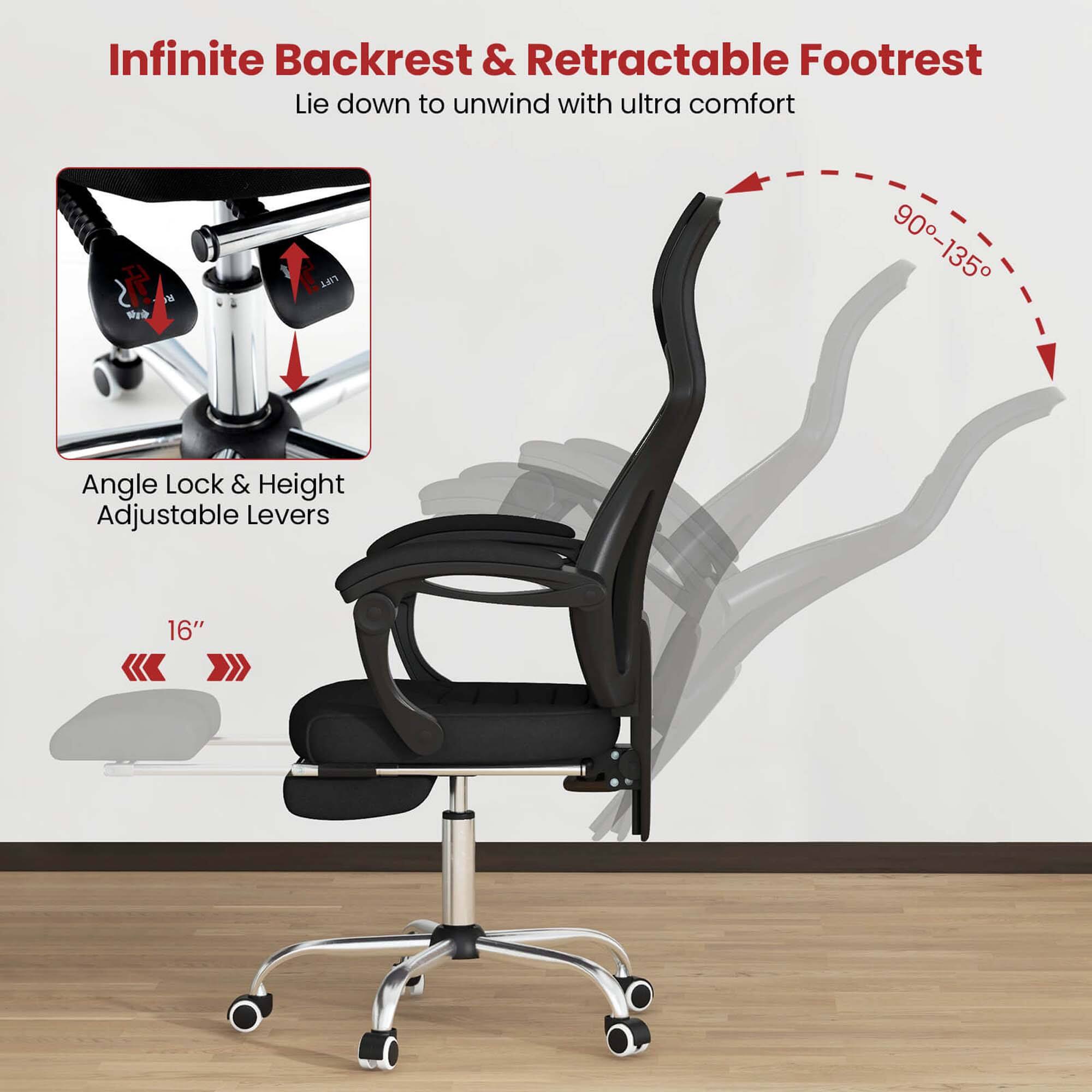 Infinite Backrest & Retractable Footrest Lie down to unwind with ultra comfort w/ LIFT 90-135 Angle Lock & Height Adjustable Levers 16"