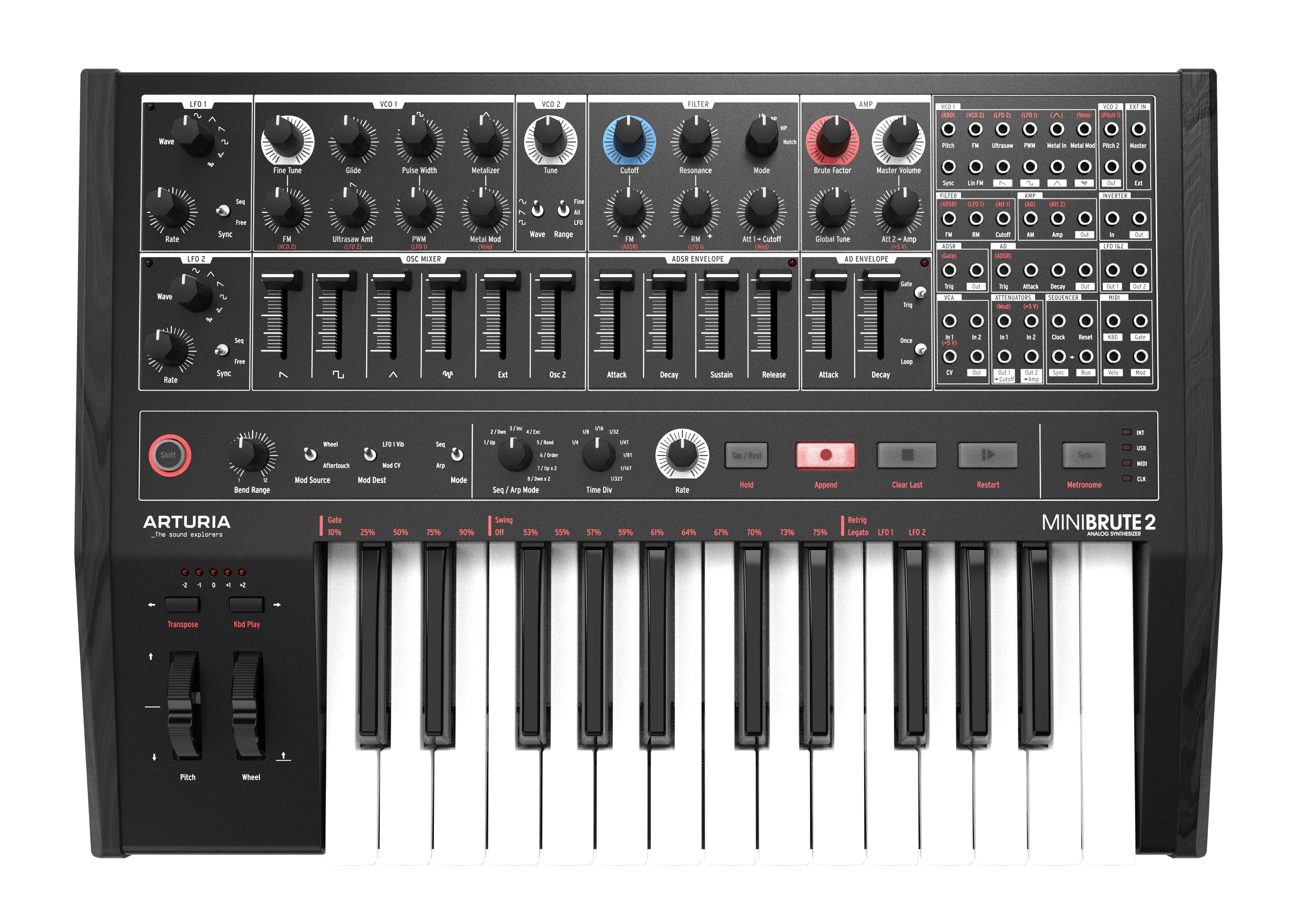 Arturia - MiniBrute 2 Analog Synthesizer with 25-Key Keyboard, CV/Gate Patchbay, Sequencer, and Arpeggiator - Black