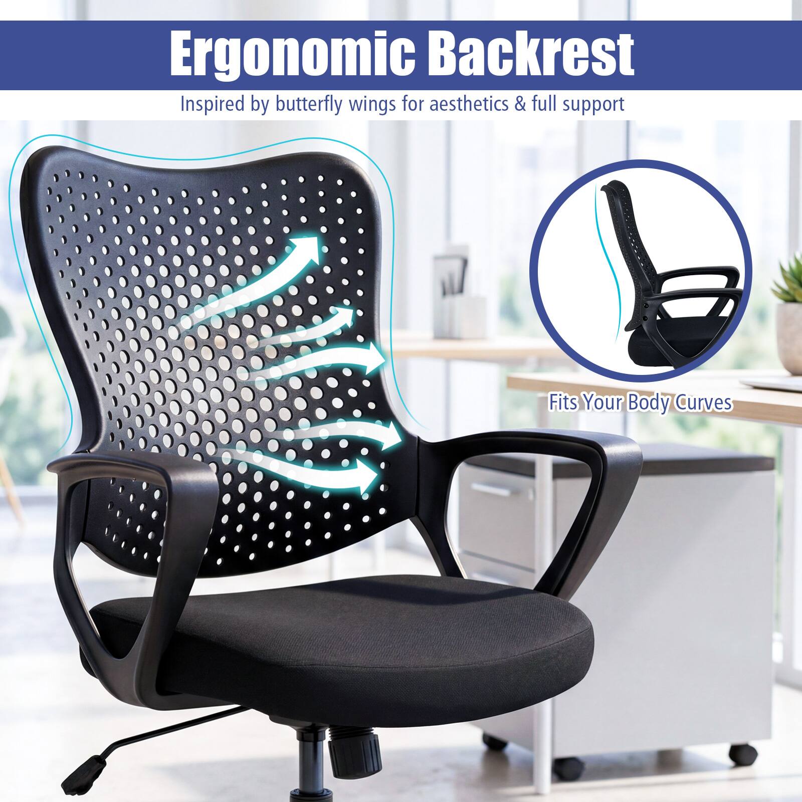 Ergonomic Backrest  
Inspired by butterfly wings for aesthetics & full support  
Fits Your Body Curves