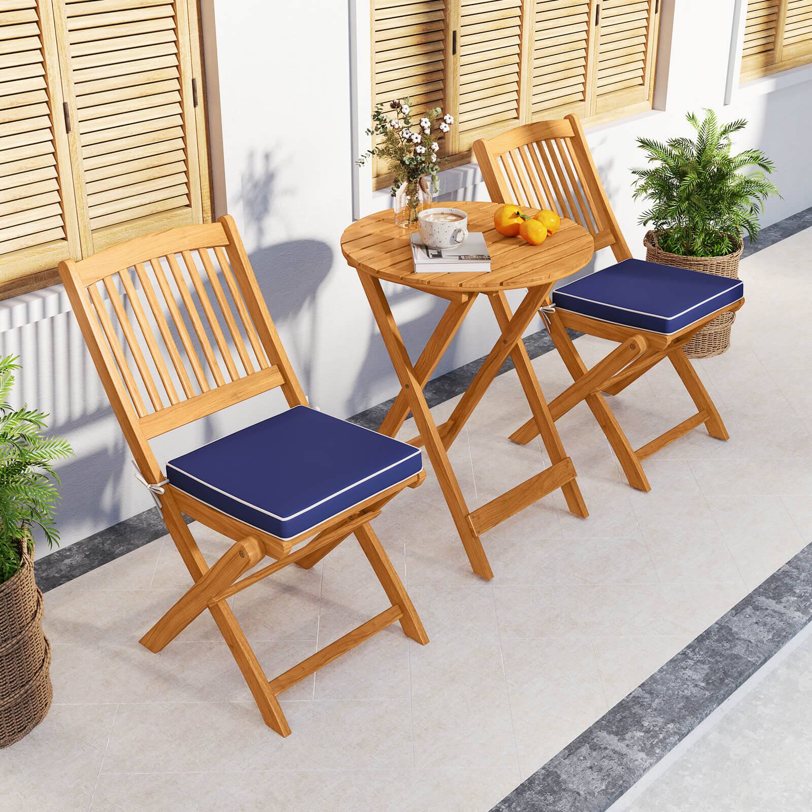 Alt View 4. Costway - Costway 3PCS Patio Folding Wooden Bistro Set Cushioned Chair Conversation Navy Cushion - Natural+Navy Blue.