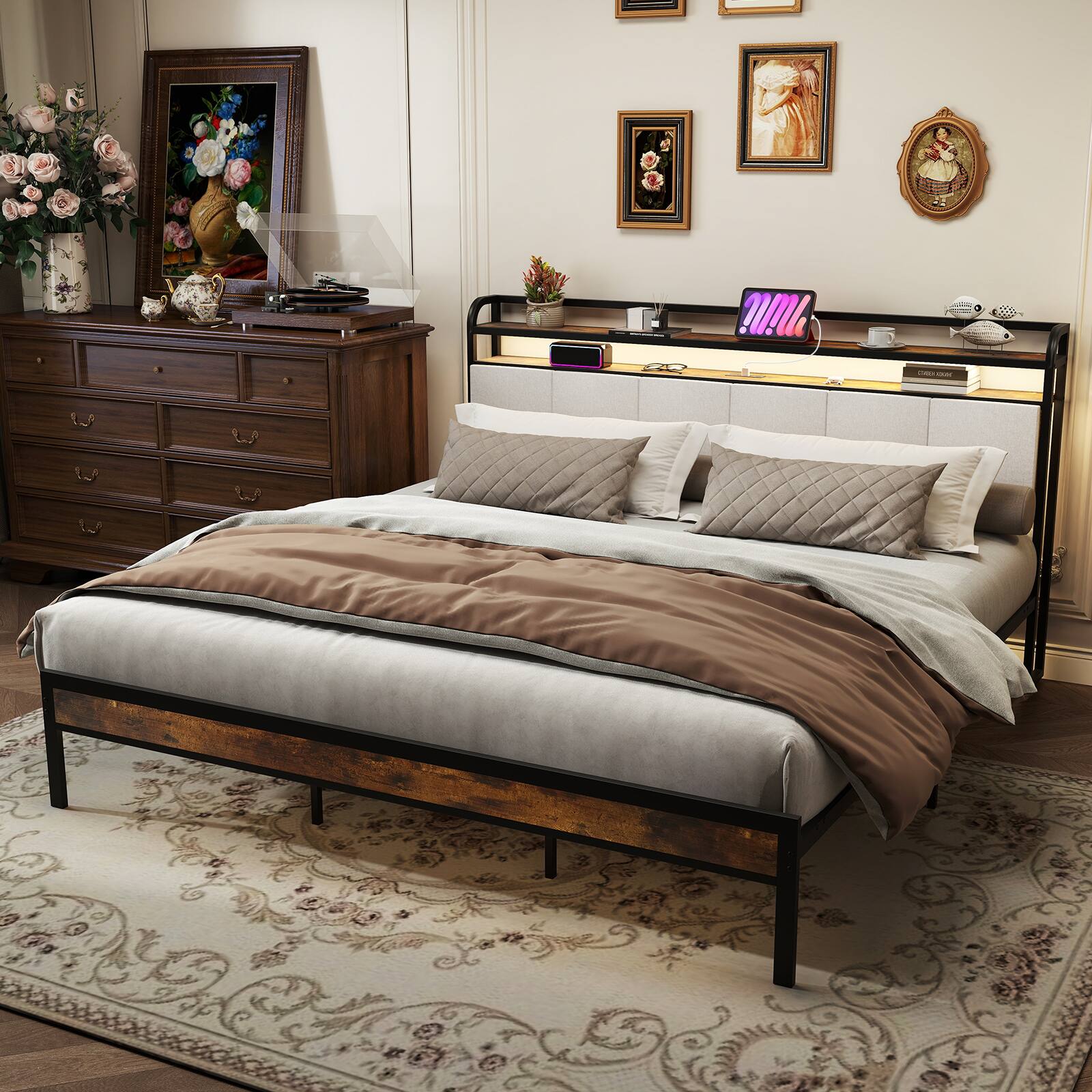Alt View 1. Costway - Costway King Size Bed Frame w/Charging Station Metal Platform Bed w/ Upholstered Headboard - Rustic Brown,Black,Grey.