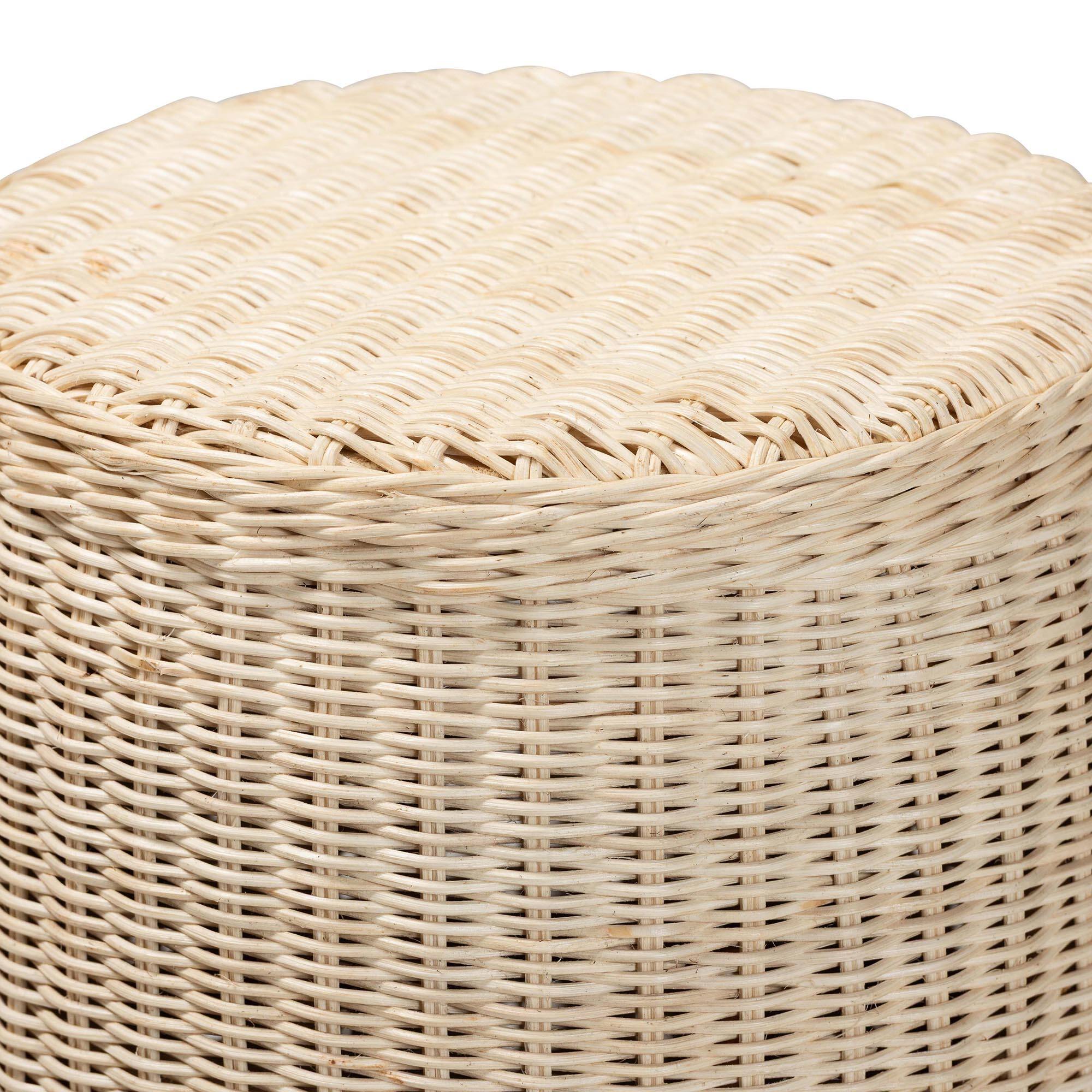 Angle. bali & pari - bali & pari Sarna Natural Rattan End Table - Handwoven Wicker Accent Table with Scalloped Base and Two-Tone Finish - Natural Brown/White.