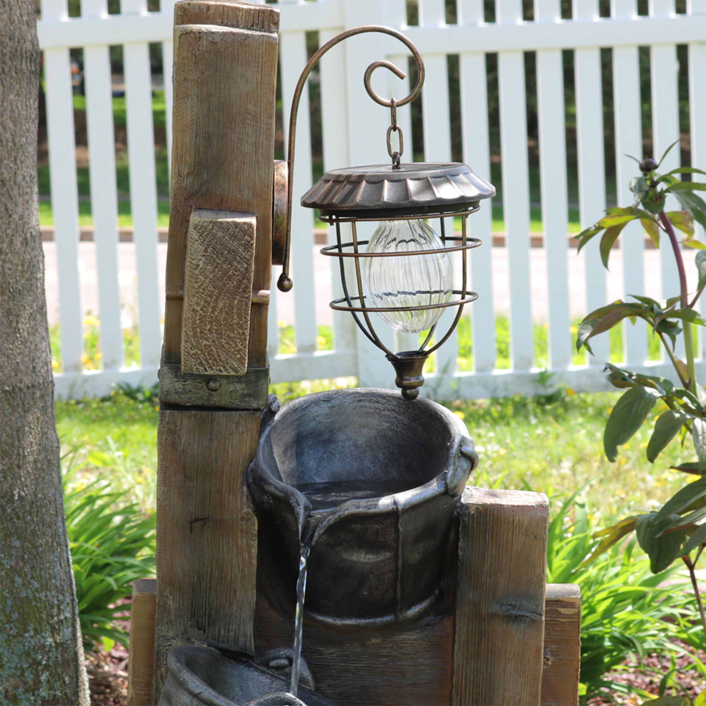 Alt View 4. Sunnydaze - Rustic Pouring Buckets Water Fountain and Solar Lantern - 34 in - Brown.