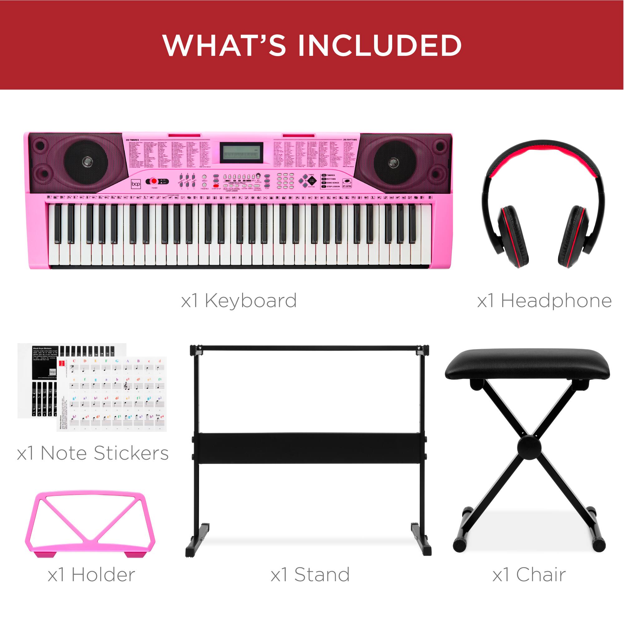 WHAT'S INCLUDED

x1 Keyboard  
x1 Headphone  
x1 Note Stickers  
x1 Holder  
x1 Stand  
x1 Chair