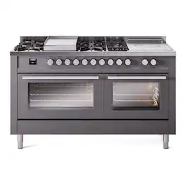 ILVE - Professional Plus II Series 60 in. Dual Fuel Range with 7 Sealed Burners + Griddle (Natural Gas, Satin Trim) - Graphite Matte