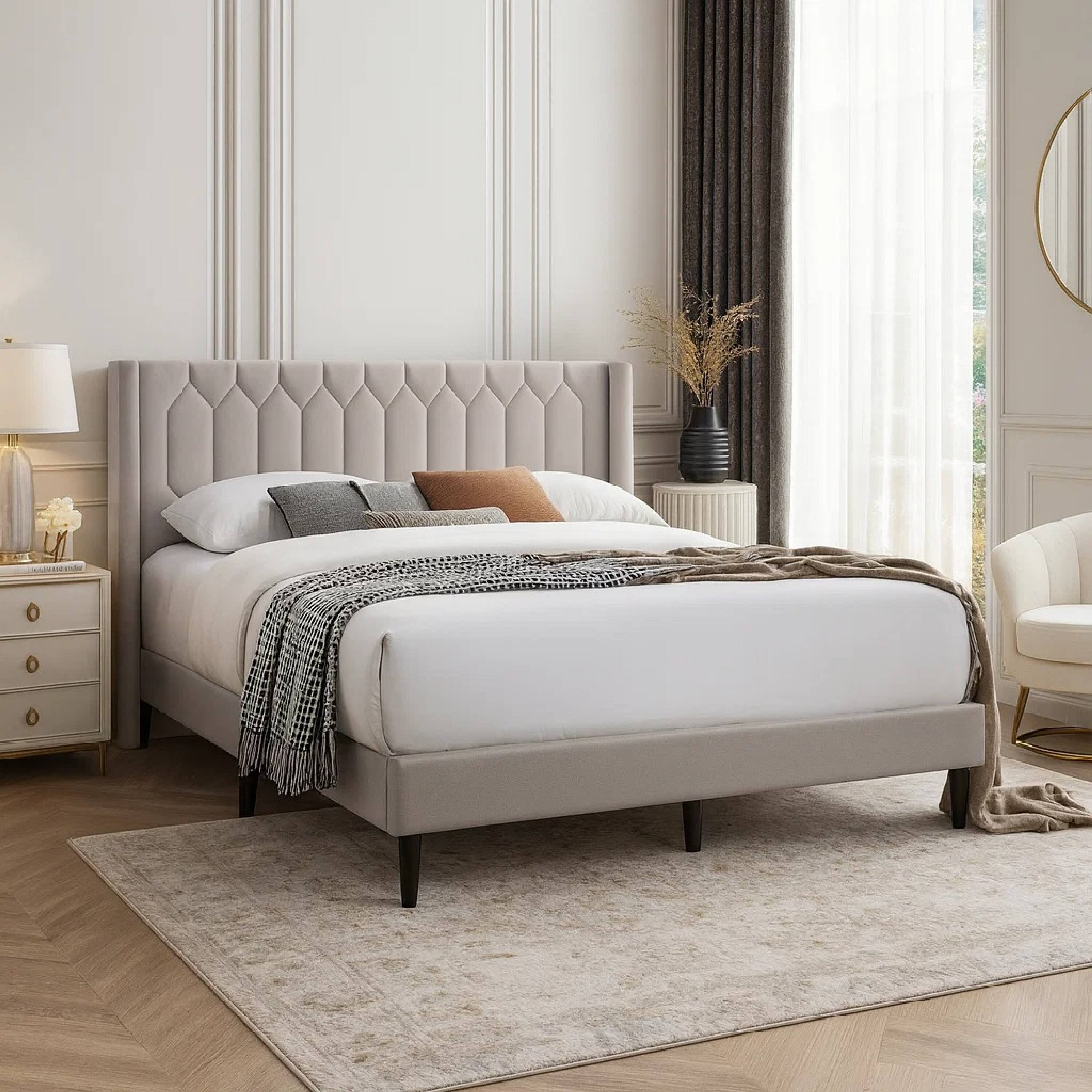 Alt View 2. Manhattan Lane - Liana Full Bed, Tufted Light Brown Burlap Upholstery, Foam Padding - Light Brown, Black.