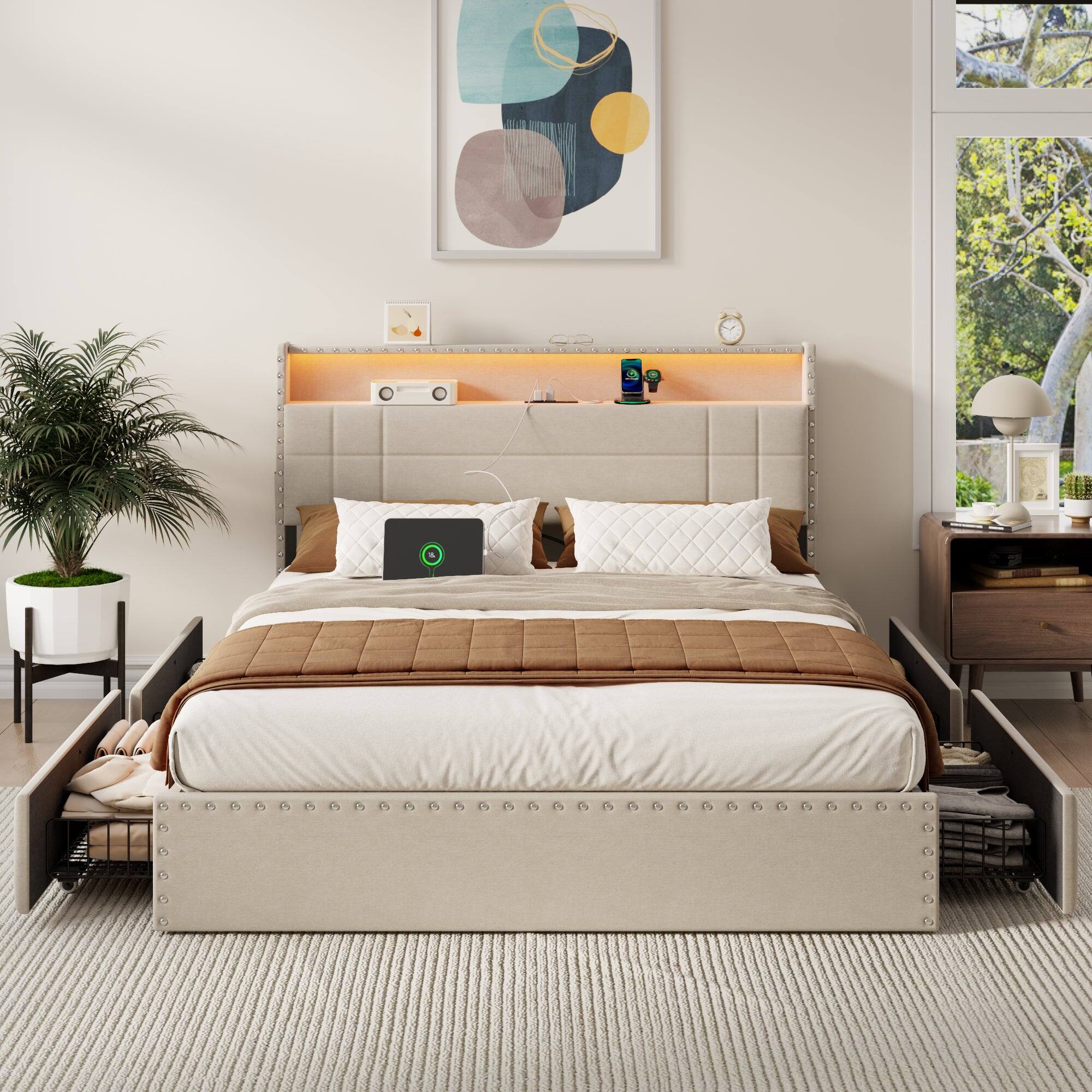 Angle. Furnulem - Platform Bed Frame with 4 Underbed Drawers & Open Storage Headboard LED Light & Charging Station - Beige.