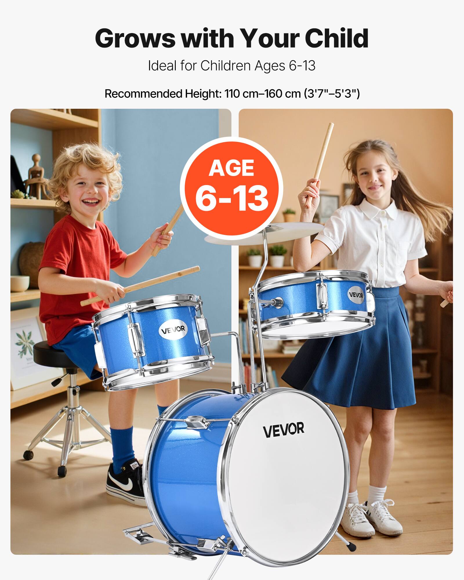 Grows with Your Child  
Ideal for Children Ages 6-13  
Recommended Height: 110 cm-160 cm (3'7"-5'3")  

AGE 6-13  

VEVOR