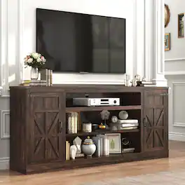 Espafurni - 75" Farmhouse TV Stand w/Power Outlet, 33"H, Adjustable Shelves & Storage – Fits 85" TV - Brown