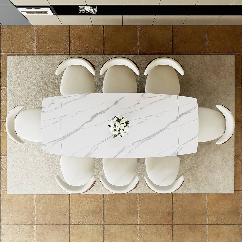 Alt View 9. POVISON - 71"-95"Extendable Modern White Dining Table for 6-10,Rectangular Glossy Sintered Stone Tabletop,Bronze Carbon Steel Leg - Glossy White Sintered Stone with Bronze.