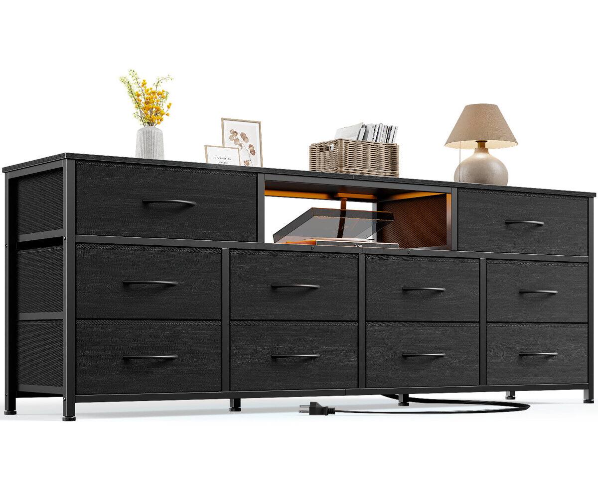Back. Furnulem - 63 In Modern TV Stand with LED Lights Charging Station 10 Drawers Media Console for Living Room Bedroom - Black.