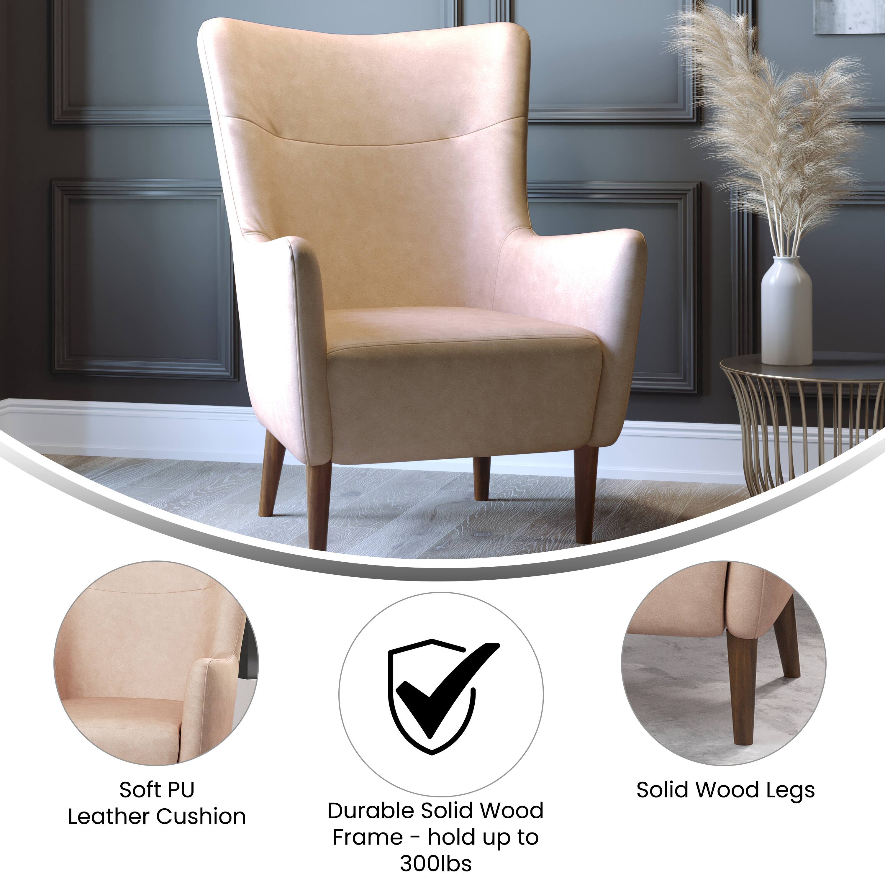 Soft PU Leather Cushion  
Durable Solid Wood Frame - holds up to 300lbs  
Solid Wood Legs