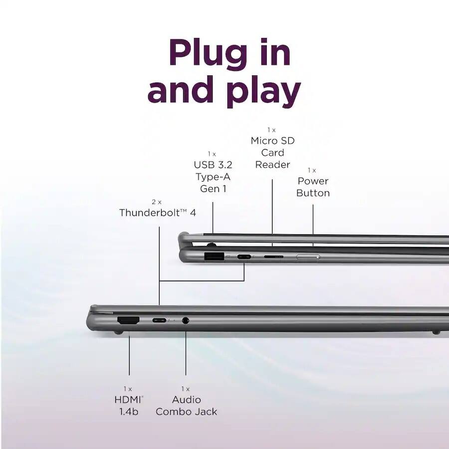Plug in and play

1 x Micro SD Card Reader

1 x USB 3.2 Type-A Gen 1

2 x Thunderbolt™ 4

1 x HDMI 1.4b

1 x Audio Combo Jack