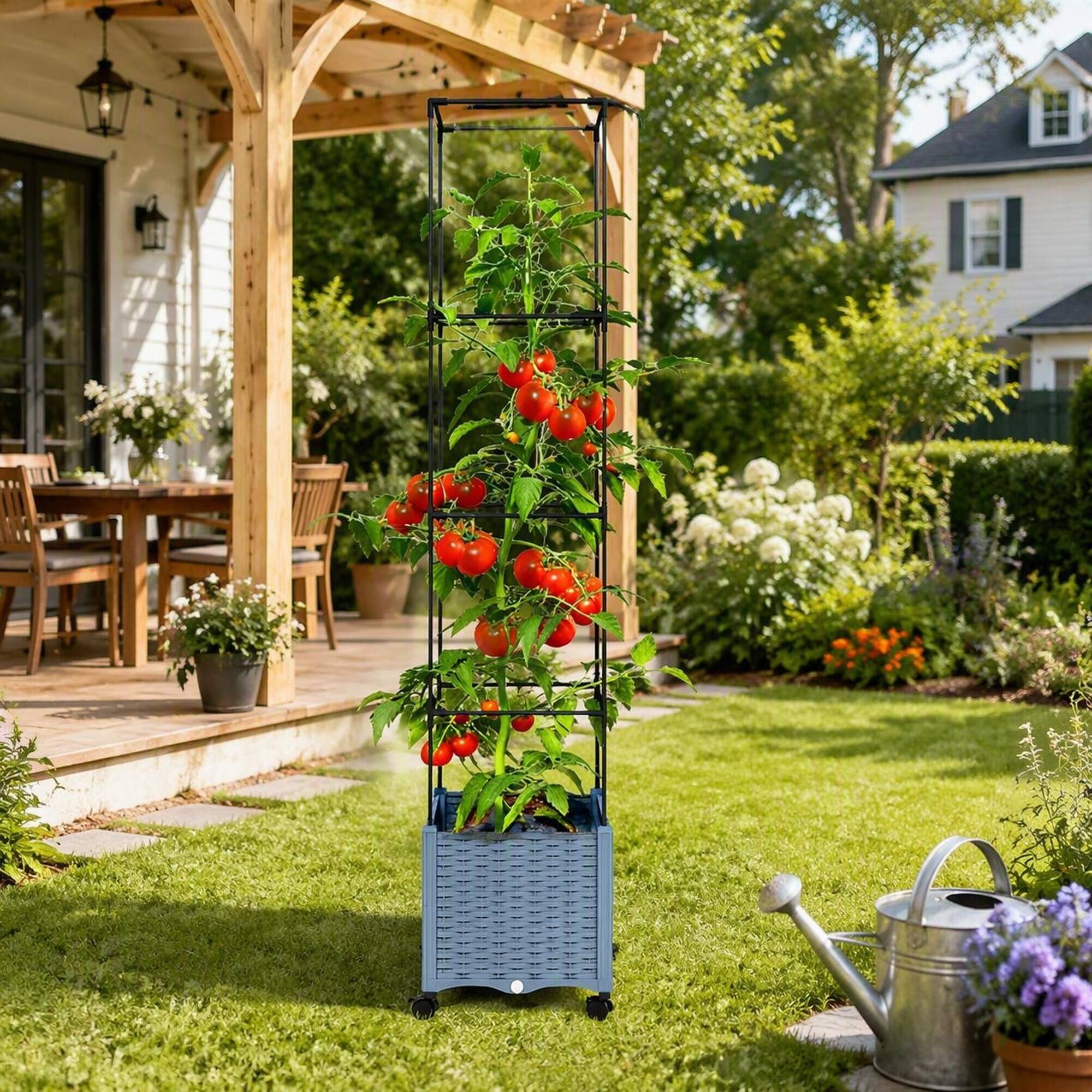 Alt View 1. RYHNUYNE - Mobile Raised Garden Bed with Adjustable Trellis, Self-Watering Planter on Lockable Wheels for Tomatoes, Peas - Gray.