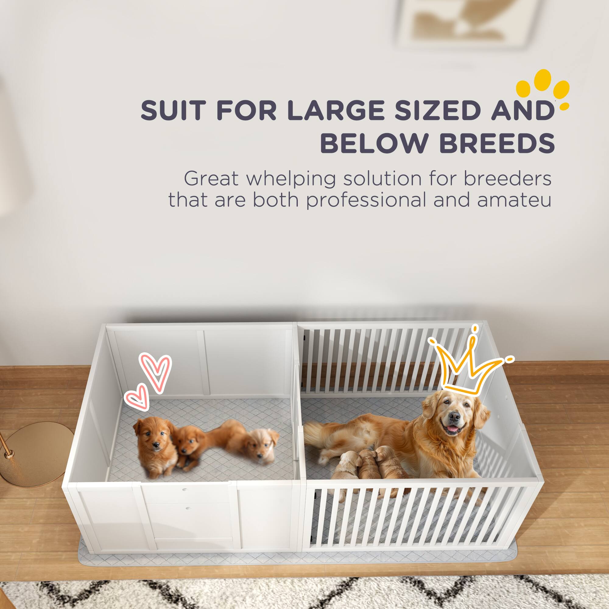 SUIT FOR LARGE SIZED AND BELOW BREEDS

Great whelping solution for breeders that are both professional and amateur