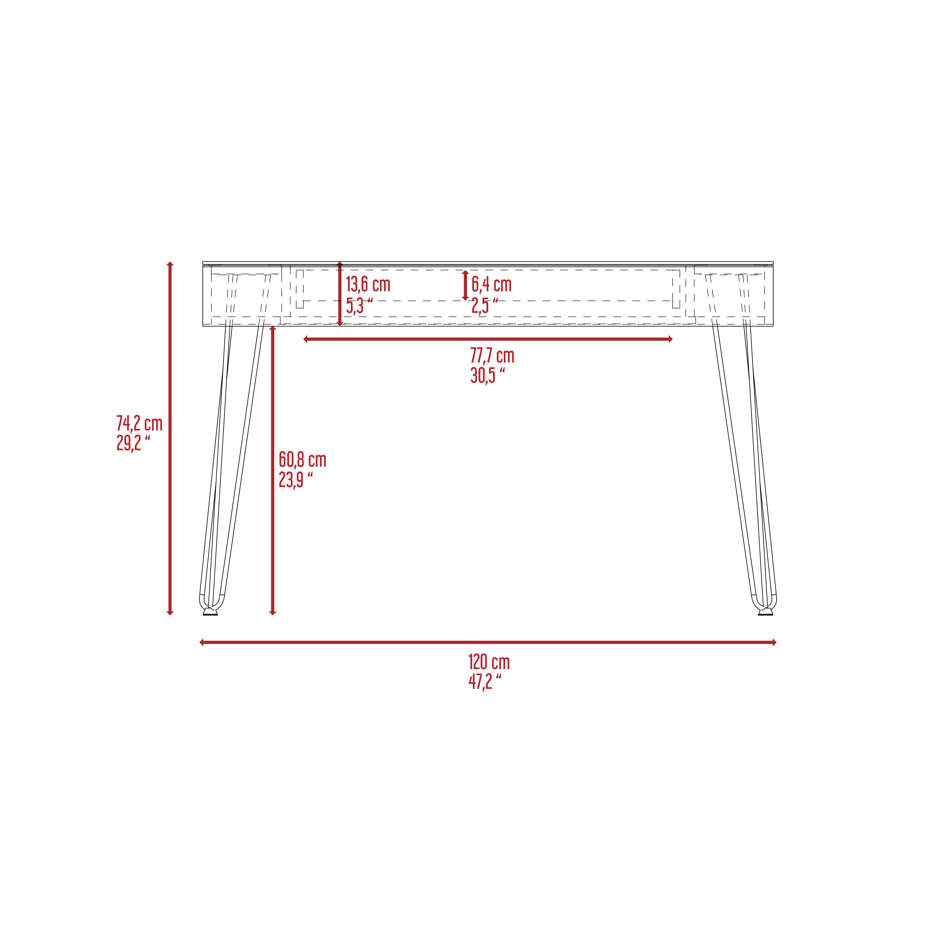 13.6 cm  
5.3"  
6.4 cm  
2.5"  
77.7 cm  
30.5"  
74.2 cm  
29.2"  
60.8 cm  
23.9"  
120 cm  
47.2"  

74.2 cm  
29.2"  
60.8 cm  
23.9"  
120 cm  
47.2"