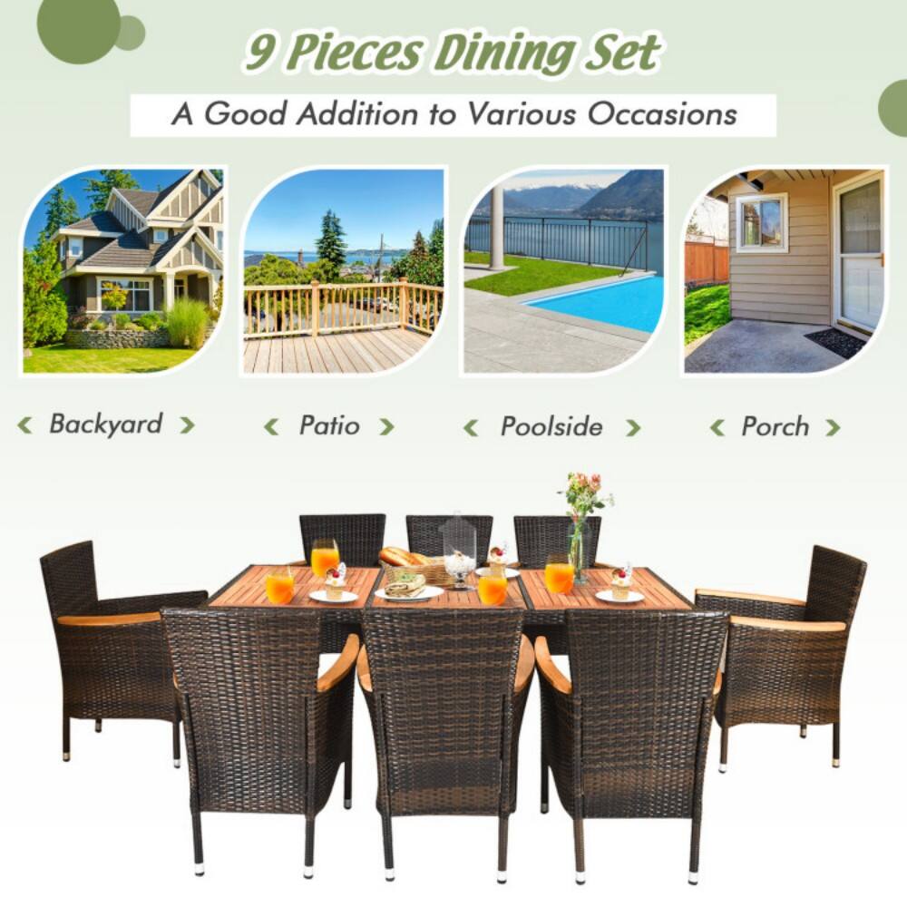 9 Pieces Dining Set  
A Good Addition to Various Occasions  

Backyard  
Patio  
Poolside  
Porch