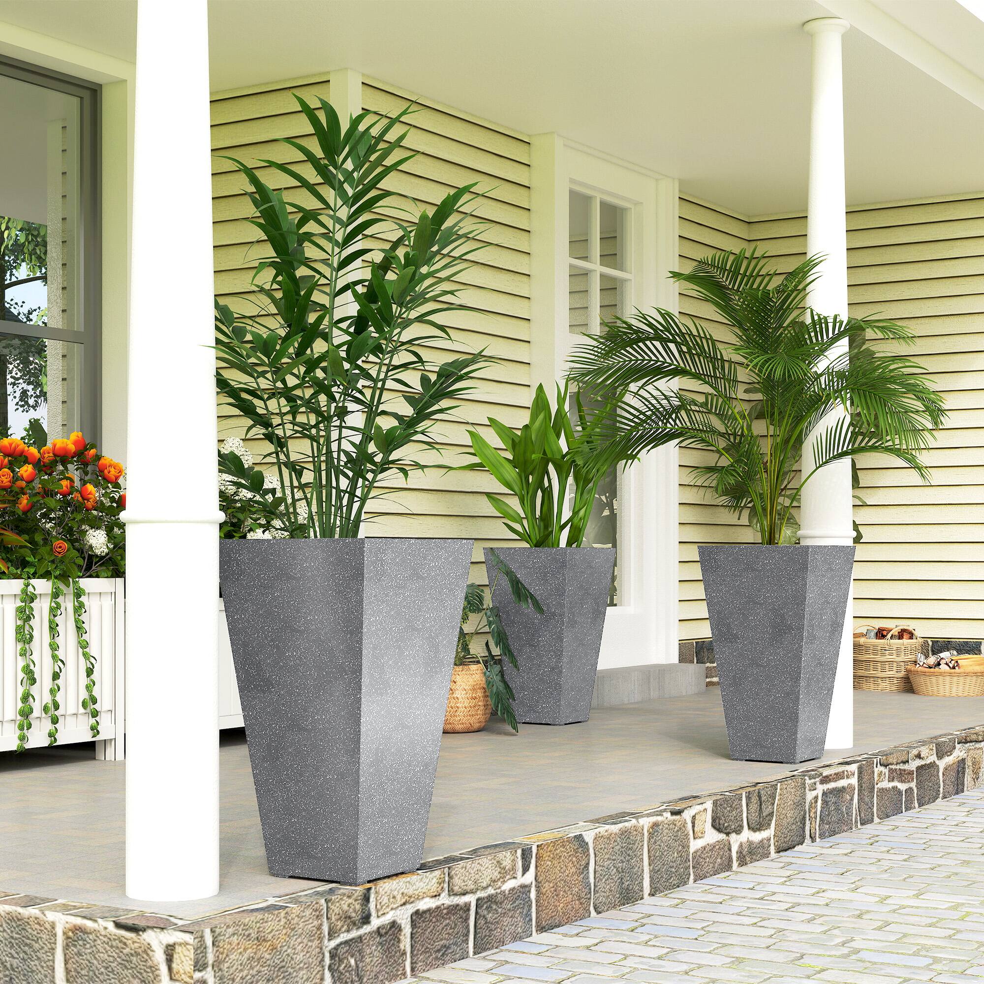 Alt View 1. Outsunny - 28 Inch Tall Planters for Outdoor Plants, Set of 3 Plastic Flower Pots with Marble Finish and Drainage Holes.