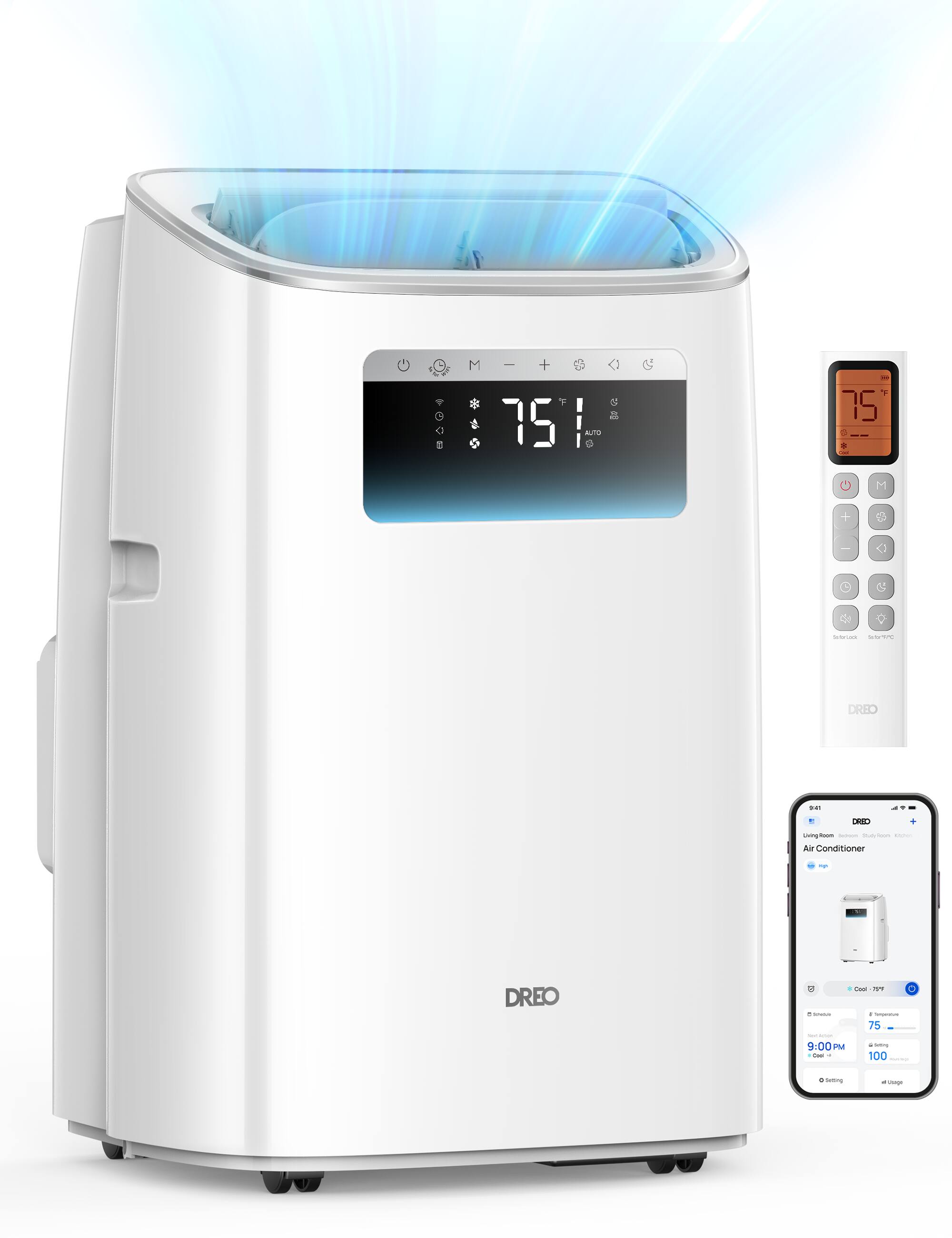 DREO Air Conditioner

- 75°F
- 9:00 PM
- 100% usage
- Cool - 75°F
- 75°F
- Living Room, Bedroom, Study Room, Kitchen
- DREO
