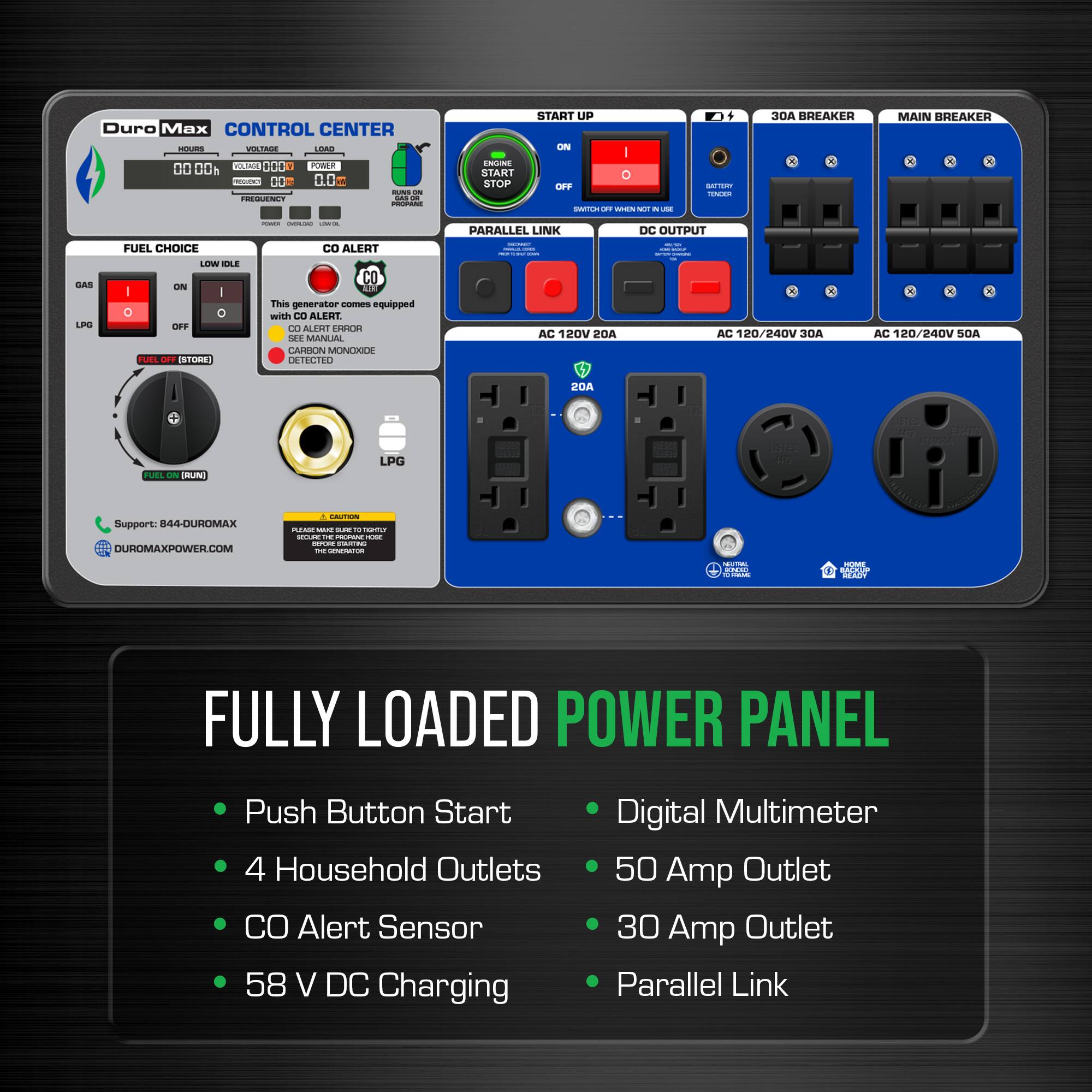 Duro Max CONTROL CENTER - O VLINE 00 0h PLO 0000 P O DO. 00 - - FREGUENCY da adaa ENGINE START STOP START LIP CAN | LEF ... I - - - + - CN 30A BREAKER E E MAIN BREAKER DAS LINS FUEL CHOICE LEN T.E ON I I DEF TUES LET ISTOREI : - CO ALERT CO T2 This generator comes equipped with CO ALERT 00 ALTHI n S4E MANLAL CARBON MONDRIDE CLICNO PARALLEL LINK AC 120V 2OA DC OUTPUT - - A A AC 120/240V OA AC 120/240V SOA ADS  FUEL on RUINI LPG Support: 44-DUROMAX DUROMAXPOWERCOM BAUEN - - - 1 aaia  - - - CCE - aaa  IO. - - OY MAW FULLY LOADED POWER PANEL Push Button Start 4 Household Outlets  Alert Sensor 58 V DC Charging Digital Multimeter 50 Amp Outlet 30 Amp Outlet Parallel Link