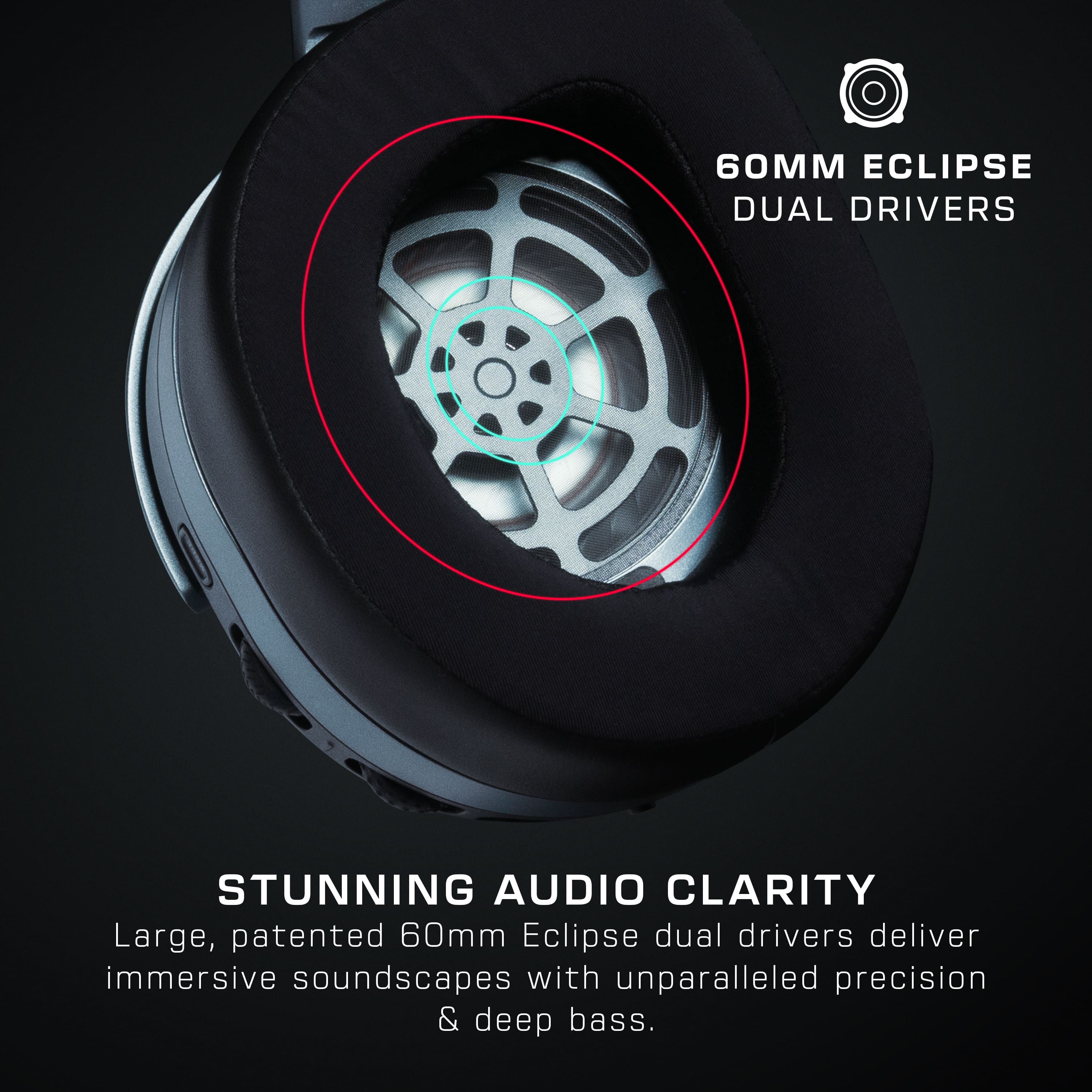 The image features a pair of headphones with a large, patented 60mm Eclipse dual driver that delivers immersive soundscapes with unparalleled precision and deep bass. The headphones are designed to provide stunning audio clarity, making them an excellent choice for music lovers and audiophiles.