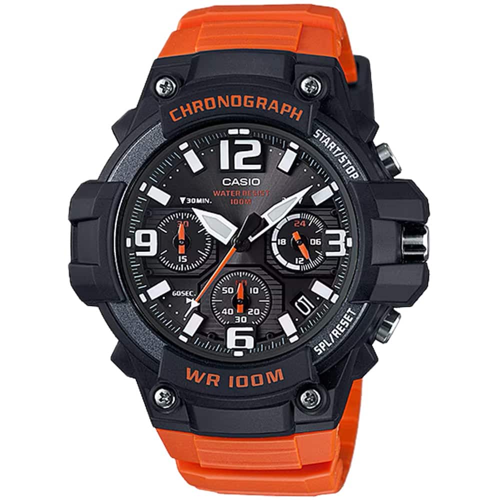 CHRONOGRAPH  
CASIO  
WATER RESIST 100M  
START/STOP  
SPL/RESET  
WR 100M  
30MIN.  
60SEC.  
15  
30  
40  
50  
60  
10  
20  
30  
40  
50  
60  
12  
3  
6  
9  
12