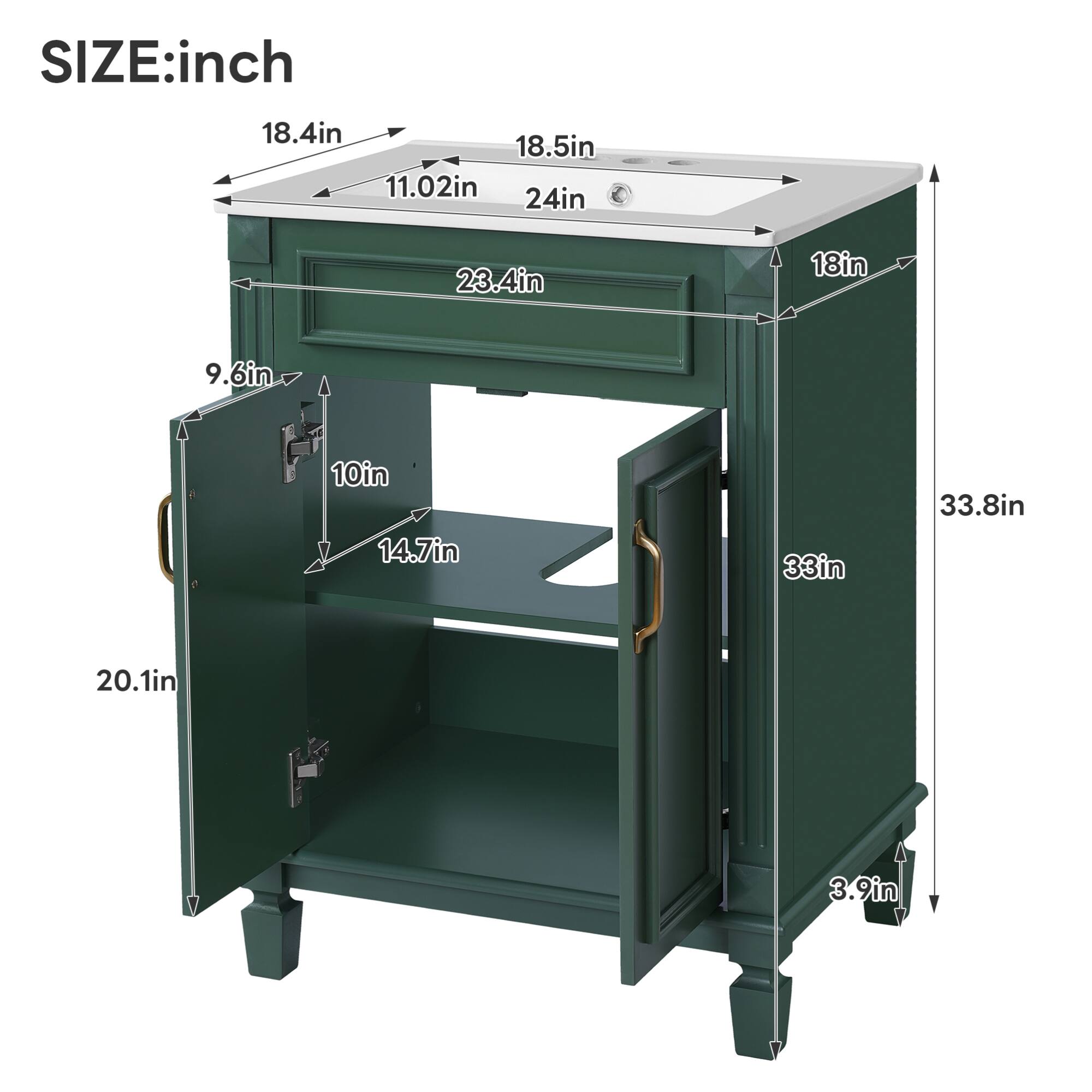 Sure, here is the corrected and grouped text from the image:

**SIZE: inch**

- **Top Surface:**
  - Length: 18.4in
  - Width: 18.5in
  - Depth: 11.02in

- **Overall Dimensions:**
  - Height: 33.8in
  - Width: 24in
  - Depth: 23.4in

- **Drawer:**
  - Height: 9.6in
  - Width: 10in
  - Depth: 14.7in

- **Shelf:**
  - Height: 33in
  - Width: 18in
  - Depth: 20.1in

- **Additional Dimensions:**
  - 3.9in (not specified, possibly a leg or base measurement)