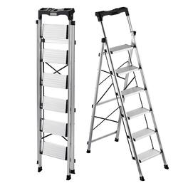 VEVOR - 6 Step Ladder, Folding Step Stool with Wide Anti-Slip Pedal and Comfort Handgrip, 330 lbs Capacity Portable Aluminum - Silver