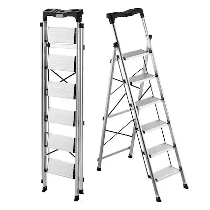Front. VEVOR - 6 Step Ladder, Folding Step Stool with Wide Anti-Slip Pedal and Comfort Handgrip, 330 lbs Capacity Portable Aluminum - Silver.
