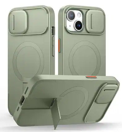 Front. SURITCH - Bumper Case for iPhone 13/14 with Camera Cover, Kickstand, Compatible with MagSafe, Shockproof Slim Protective Cover - Khaki Green.