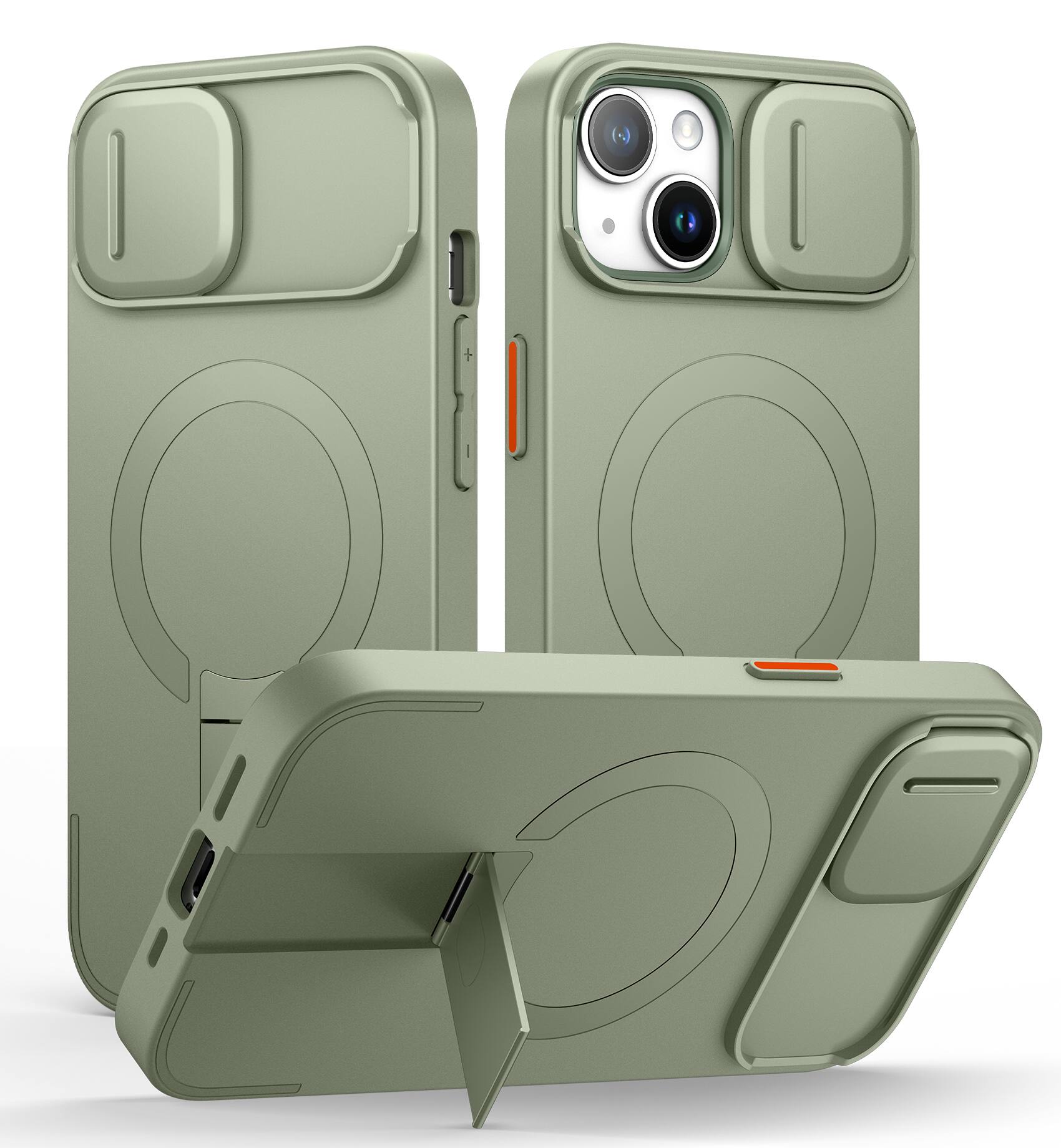 SURITCH - Bumper Case for iPhone 13/14 with Camera Cover, Kickstand, Compatible with MagSafe, Shockproof Slim Protective Cover - Khaki Green