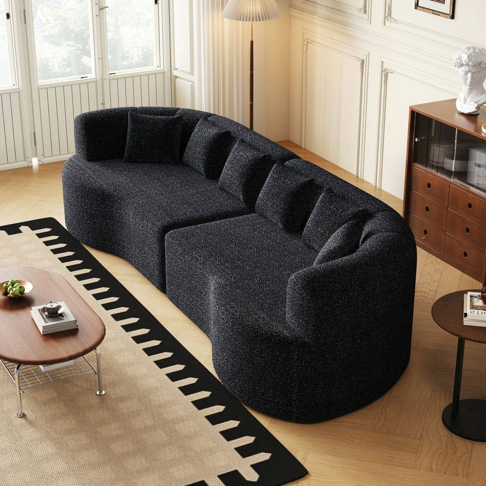 Alt View 4. Kadyn - 106.3" Curved Sectional Sofa, 4-Seater Corduroy Cloud Couch with 6 Pillows and Memory Foam - Black.