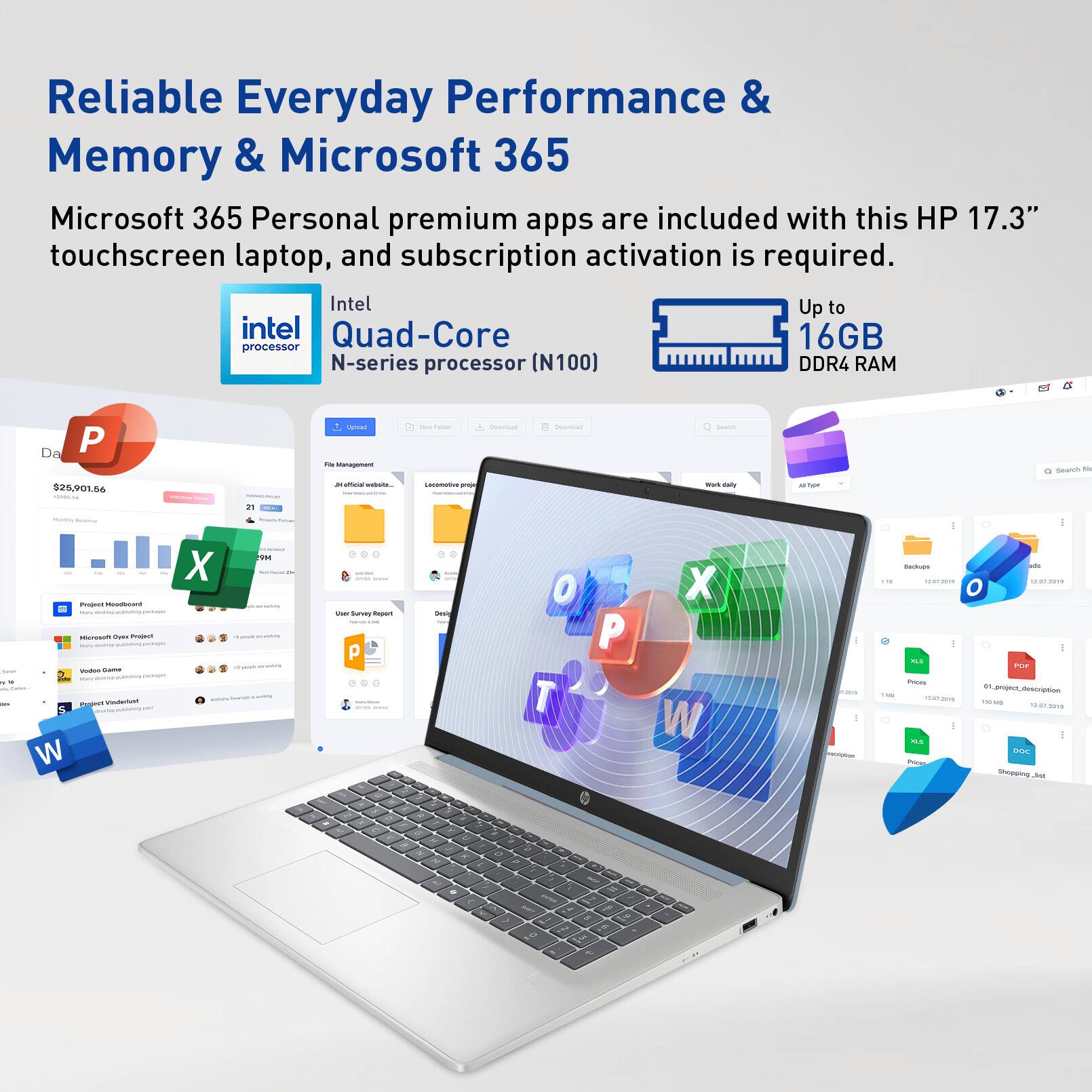 Reliable Everyday Performance & Memory & Microsoft 365  
Microsoft 365 Personal premium apps are included with this HP 17.3" touchscreen laptop, and subscription activation is required.  
Intel Up to intel Quad-Core 16GB processor N-series processor (N100) DDR4 RAM  
$26,901.56