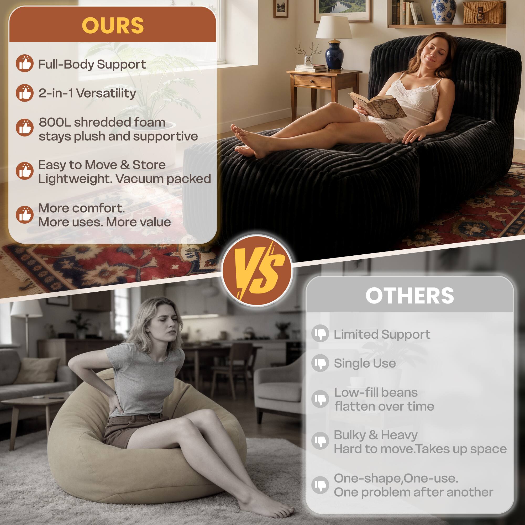 **OURS**

- Full-Body Support
- 2-in-1 Versatility
- 800L shredded foam stays plush and supportive
- Easy to Move & Store Lightweight. Vacuum packed
- More comfort. More uses. More value

**VS**

**OTHERS**

- Limited Support
- Single Use
- Low-fill beans flatten over time
- Bulky & Heavy Hard to move. Takes up space
- One-shape, One-use. One problem after another