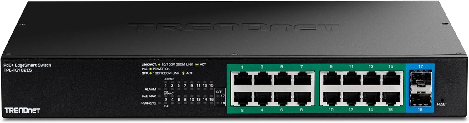 TRENDNET PoE+ EdgeSmart Switch TPE-TG182ES  
LINK/ACT 10/100/1000M LINK  
PoE POWER OK  
SFP: 100/1000M LINK ACT  
1 3 5 7 9 11 13 15 17  
UKJACT  
TRENDNET ALARM  
PoE MAX PWR/SYS  
1 3 PML IACT  
2 4 Pot  
5 6 7 8 9 10 11 13 12 14 15  
SFP 17 16 18  
2 4 6 8 10 12 14 16 18  
RESET
