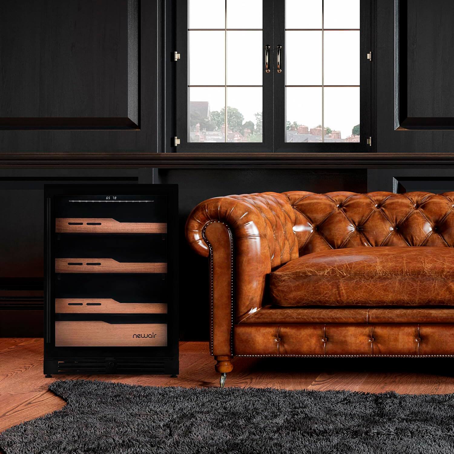 The text "8018 newoir" does not seem to be related to the image. The image shows a brown leather couch sitting in a living room, with a window in the background. The couch is positioned next to a wooden cabinet or a storage unit. The scene appears to be a cozy living space, possibly in a house.