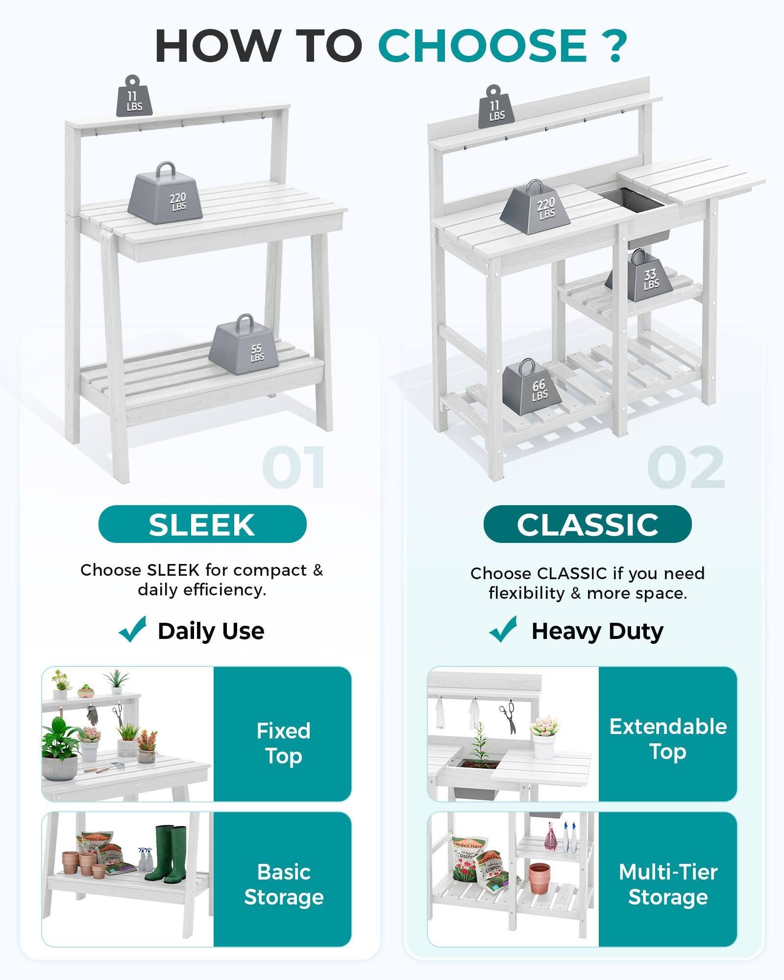 HOW TO CHOOSE?

11 LBS
220 LBS
33 LBS
55 LBS
66 LBS

01 SLEEK
Choose SLEEK for compact & daily efficiency.
Daily Use
Fixed Top
Basic Storage

02 CLASSIC
Choose CLASSIC if you need flexibility & more space.
Heavy Duty
Extendable Top
Multi-Tier Storage