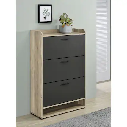 Front. TinyHomie - Kyla Grey 3-tier Engineered Wood Shoe Cabinet - Grey.
