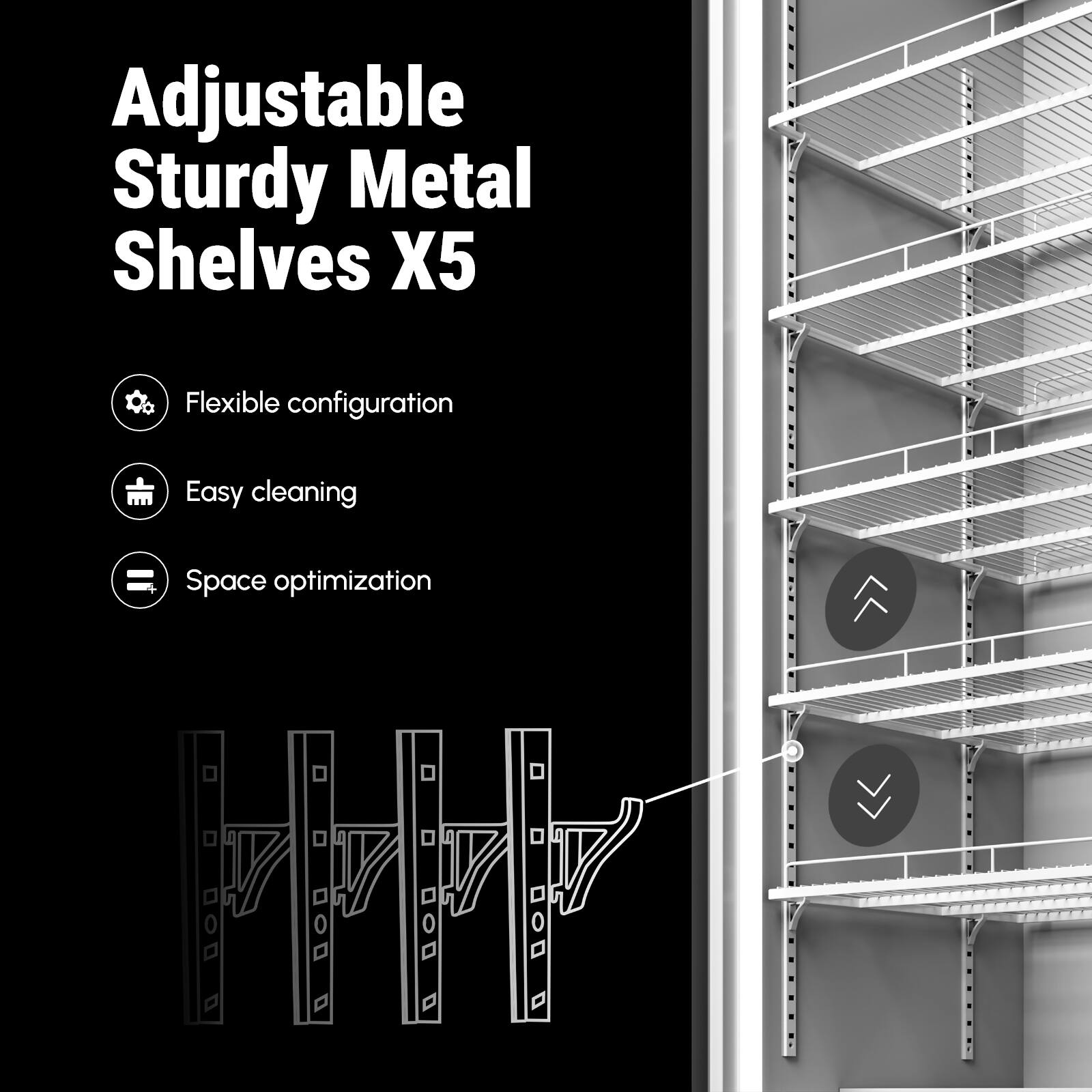 Adjustable Sturdy Metal Shelves X5

- Flexible configuration
- Easy cleaning
- Space optimization