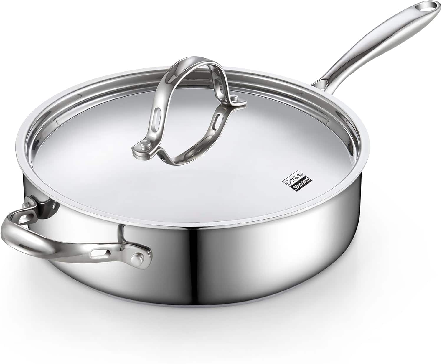 Cooks Standard - Classic 4qt 10.5 Inch S/S Deep Frying Sauté Pan Skillet W/ Lid, Induction Dishwasher Oven Safe,Stay cool handle - Stainless Steel