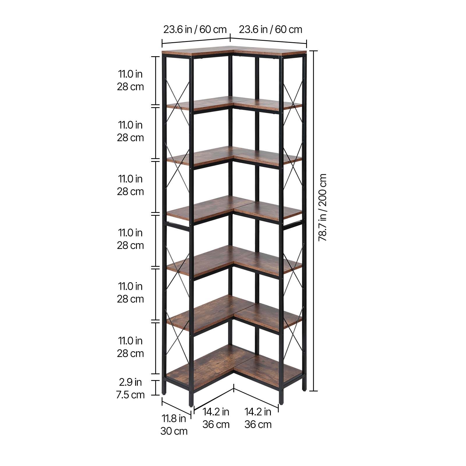 23.6 in/60 cm, 6 in/15 cm, 11.0 in/28 cm, 2.9 in/7.5 cm, 11.8 in/30 cm, 14.2 in/36 cm, 78.7 in/200 cm