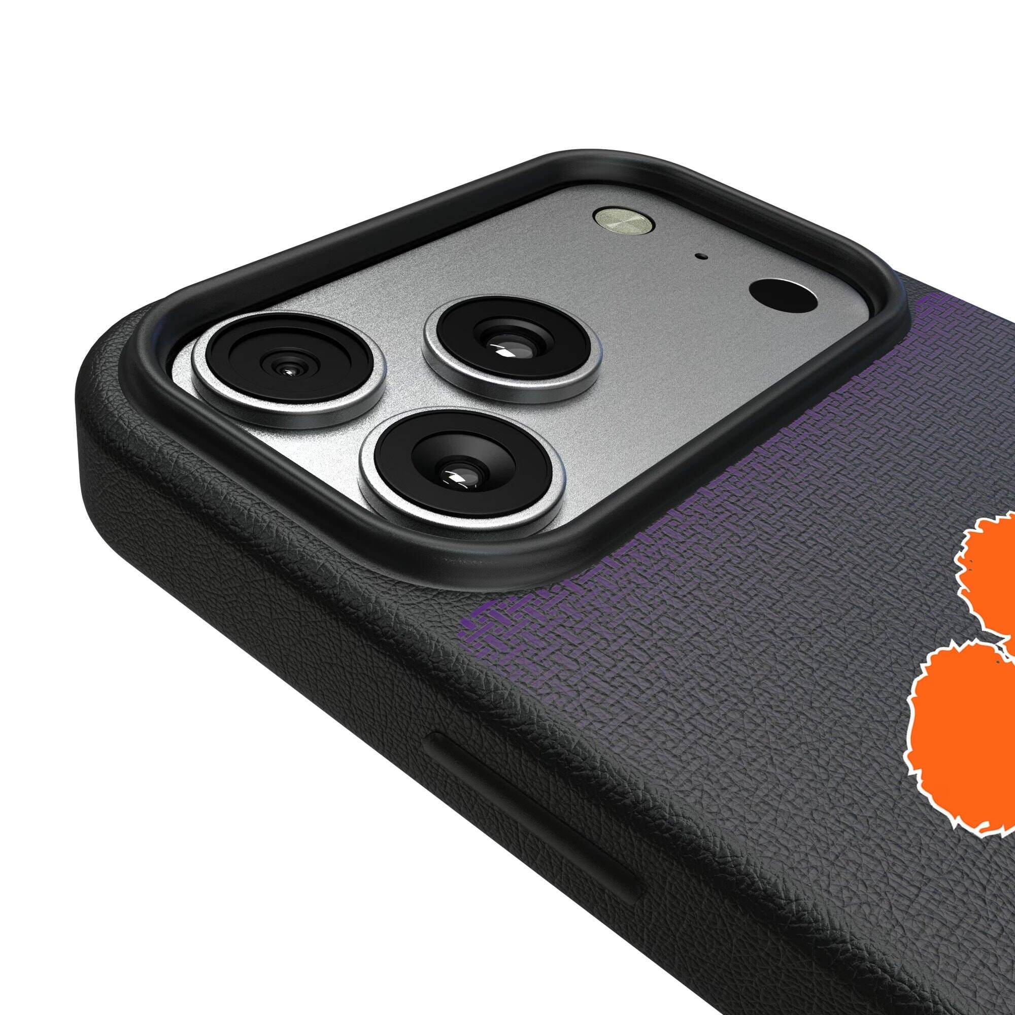 Alt View 2. Keyscaper - Clemson Tigers Linen Logo iPhone Magnetic Bump Case - 15 Plus - Black.