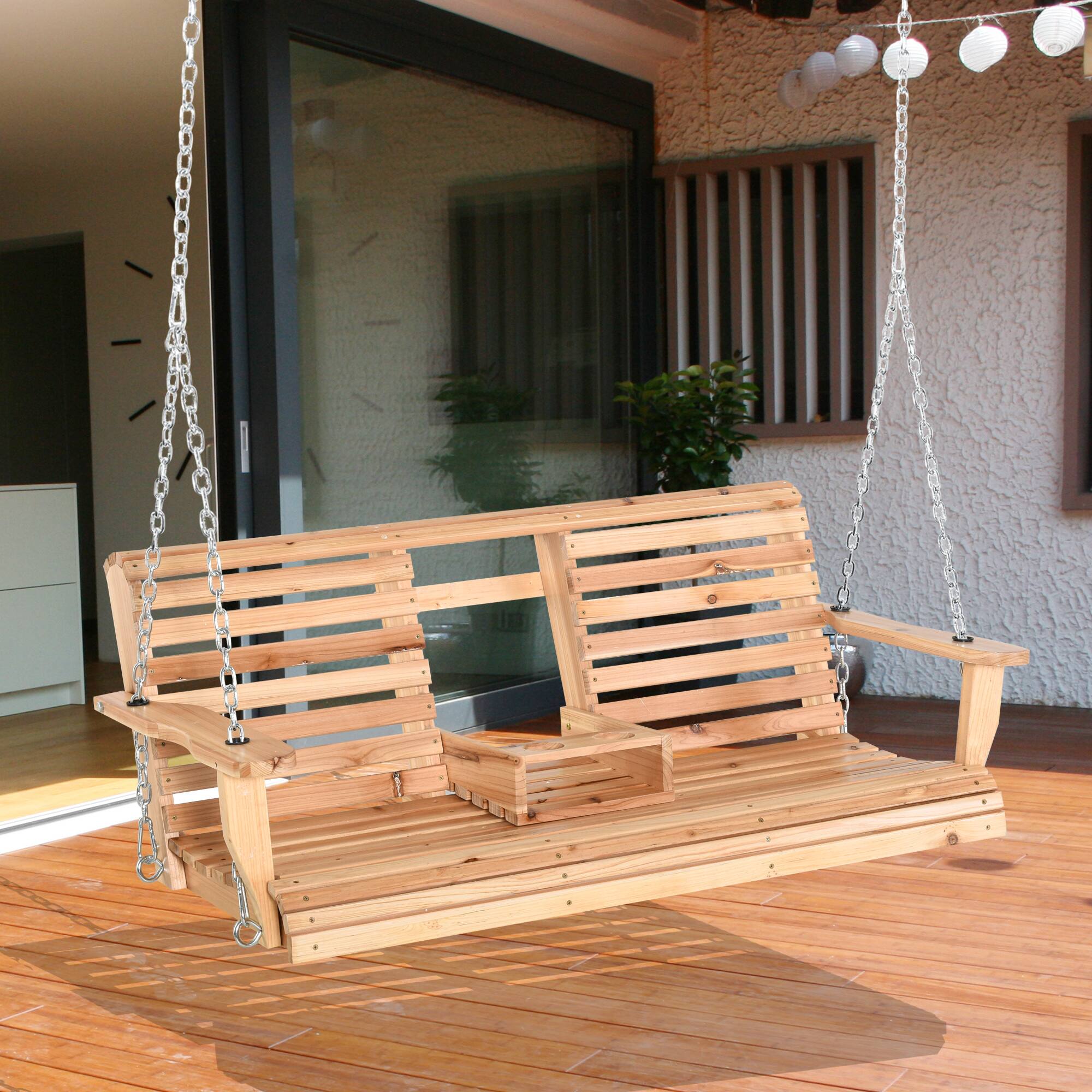 Angle. Outsunny - Outsunny 3-Seater Wooden Porch Swing Patio Swing Bench with Folding Coffee Table.