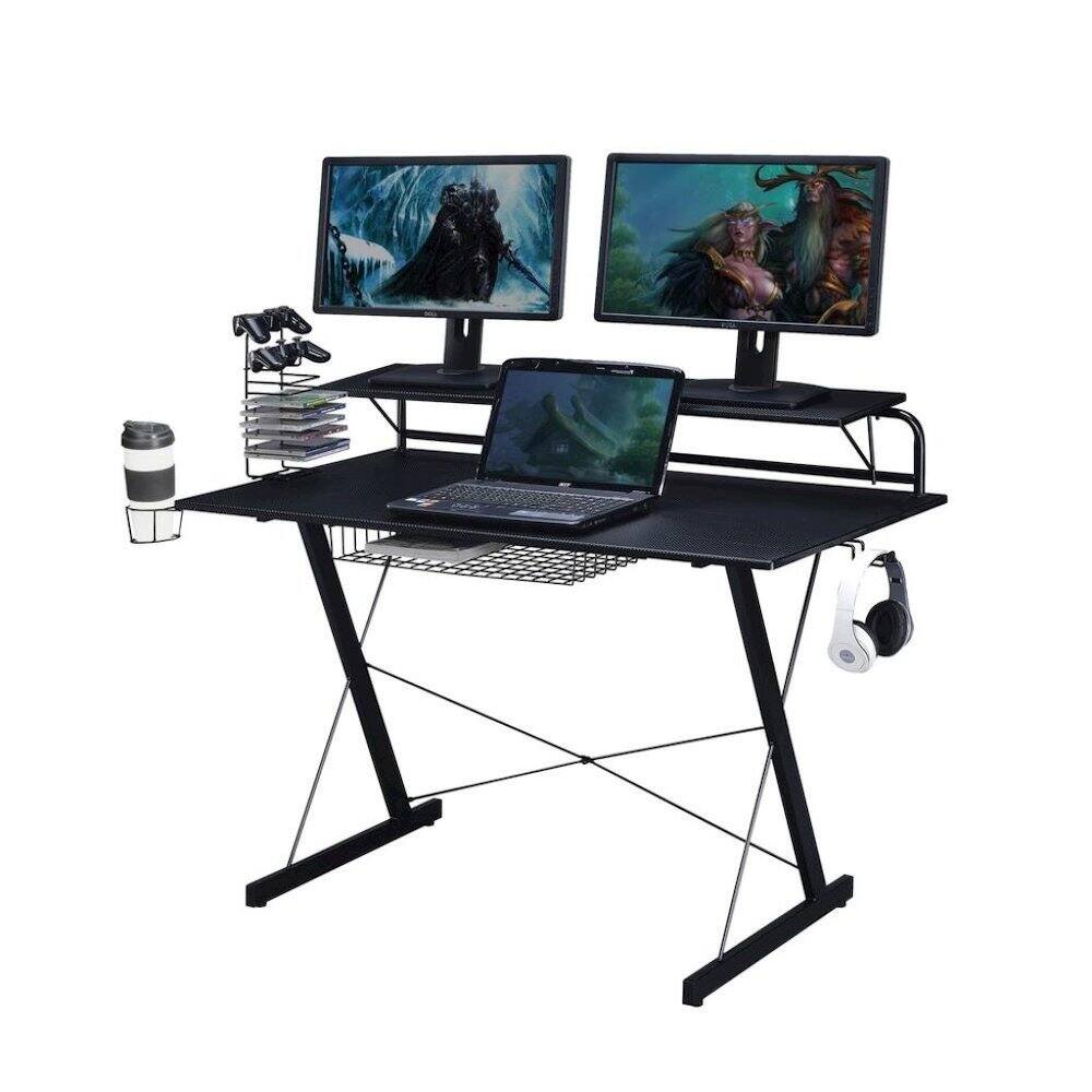Angle. FurniFact - Black Gaming Table With Storage Tray - Black.