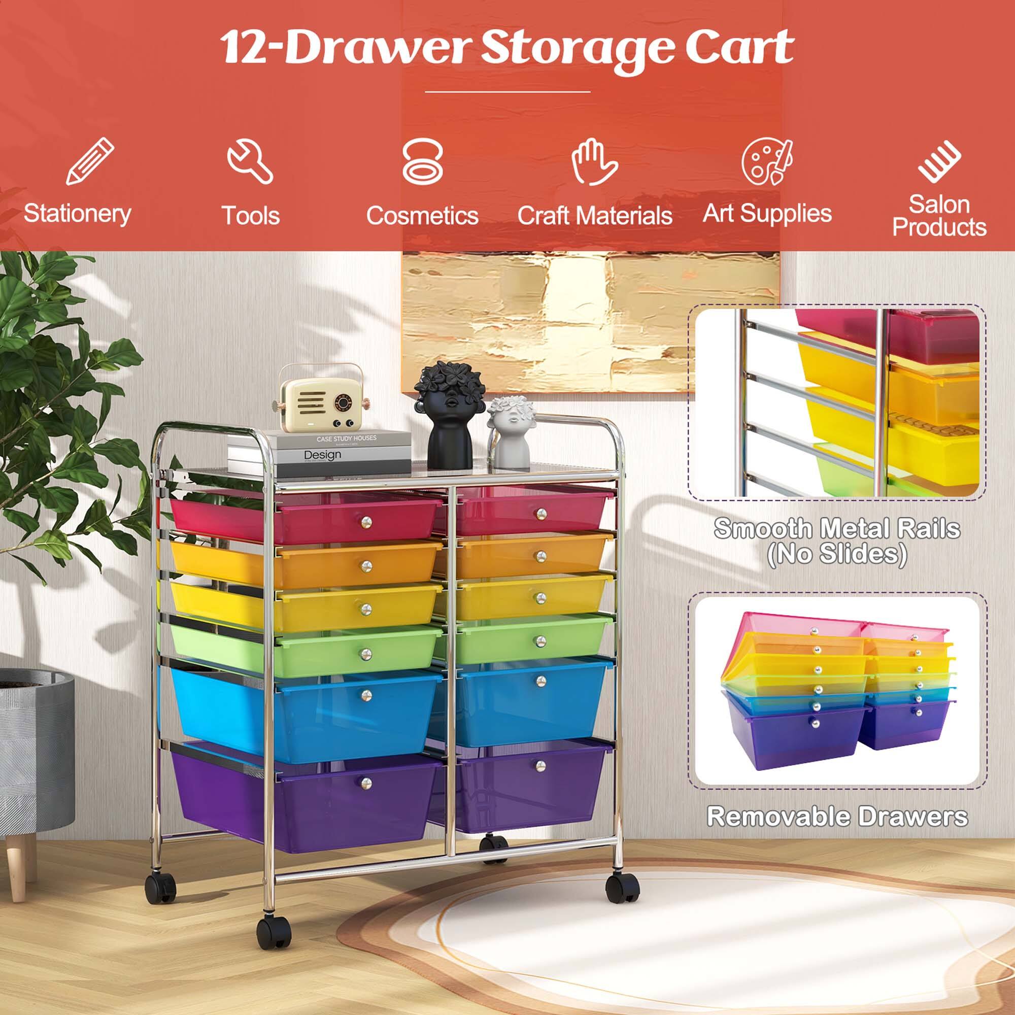 12-Drawer Storage Cart Stationery Tools Cosmetics Craft Materials Art Supplies Salon Products -a- Smooth Metal Rails (No Slides) Removable Drawers