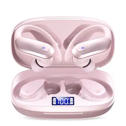 Front. Trigiz - Sports Wireless Earbuds Bluetooth 5.4: Earhooks, IPX7, 7.8g Light, 80H Playtime, Noise Cancelling Mic (Gym/Running) - Pink.