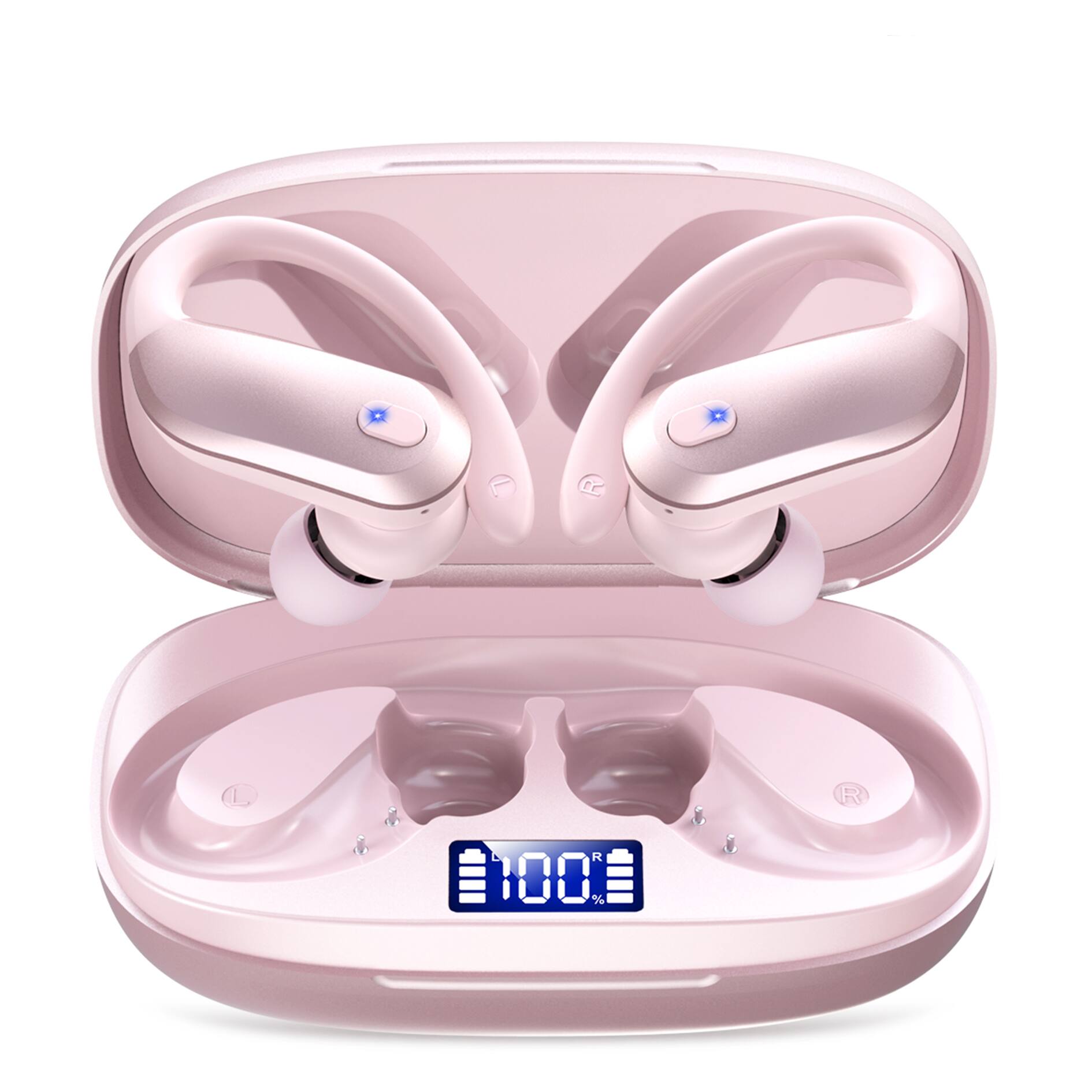 Trigiz - Sports Wireless Earbuds Bluetooth 5.4: Earhooks, IPX7, 7.8g Light, 80H Playtime, Noise Cancelling Mic (Gym/Running) - Pink