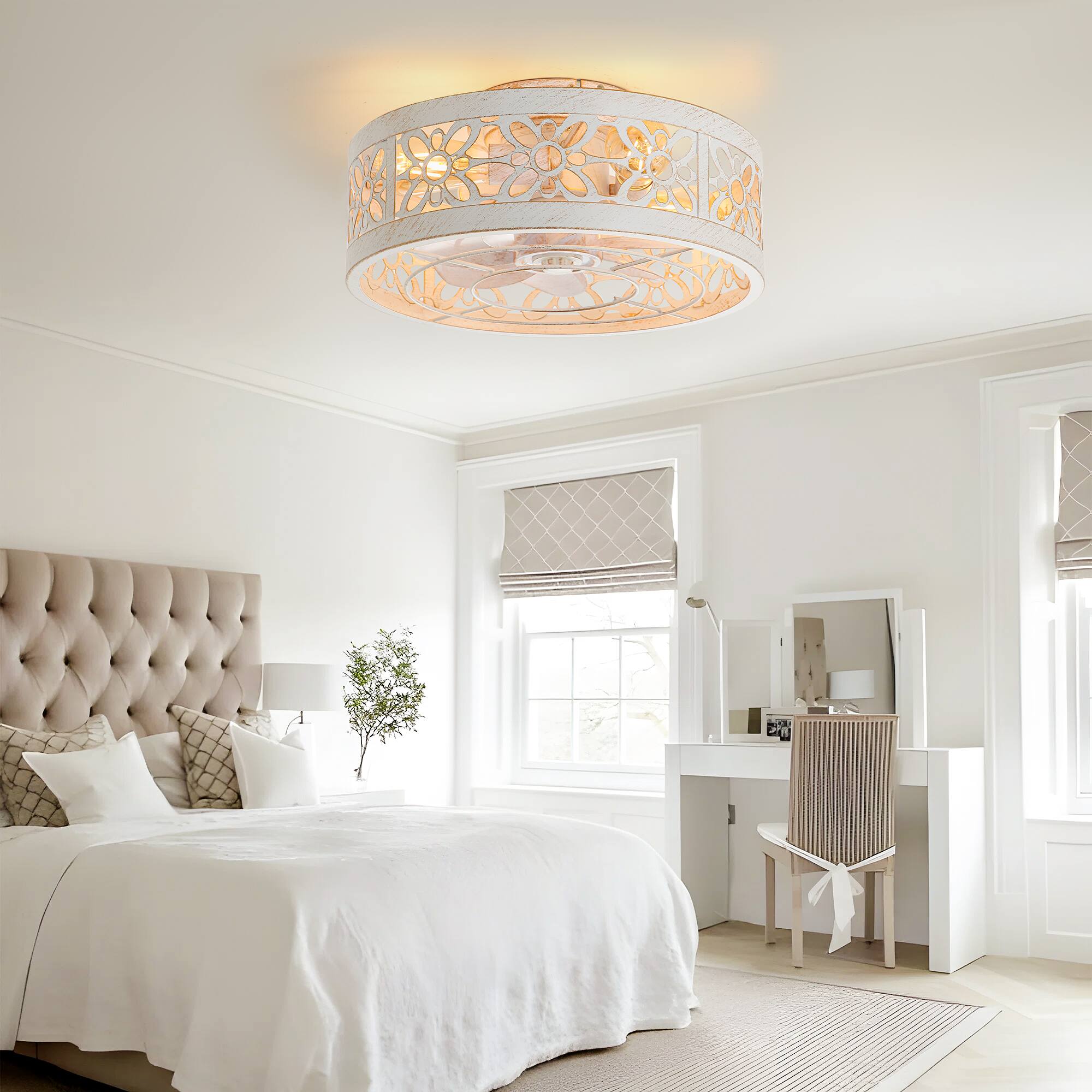 Back. Breezary - 16.5-In Indoor Flush Mount Cage Ceiling Fan with 7 ABS Blades, 6-Speed DC Motor, Remote Control with Timer - Distressed White and Gold.